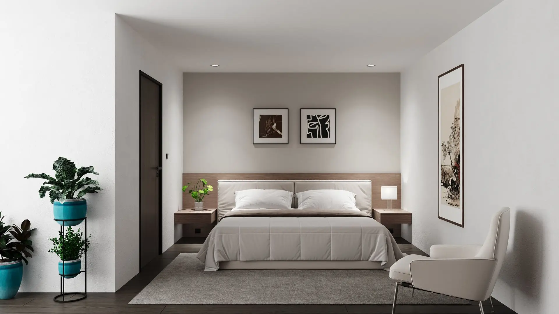 3D Visualisierung Schlafzimmer mit Doppelbett und minimalistischer Einrichtung 