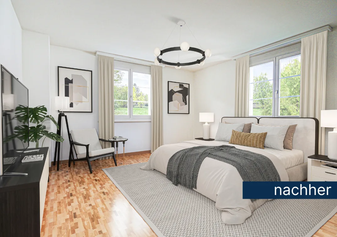 Digital eingerichtetes Schlafzimmer mit Bett, Nachttischen, Lampen und Dekoration – Ergebnis der Visualisierung