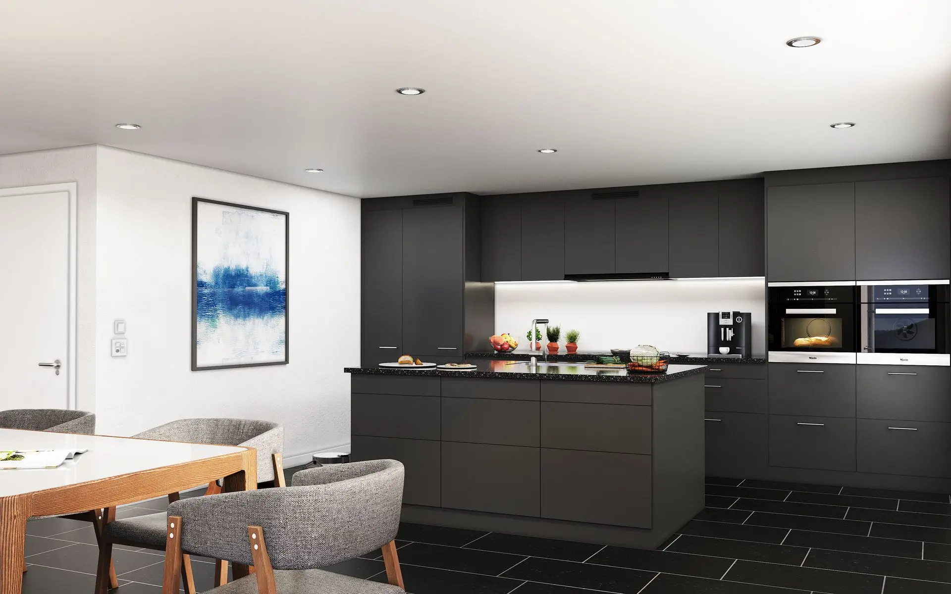 3D Visualisierung moderne Küche mit Kochinsel und Essbereich