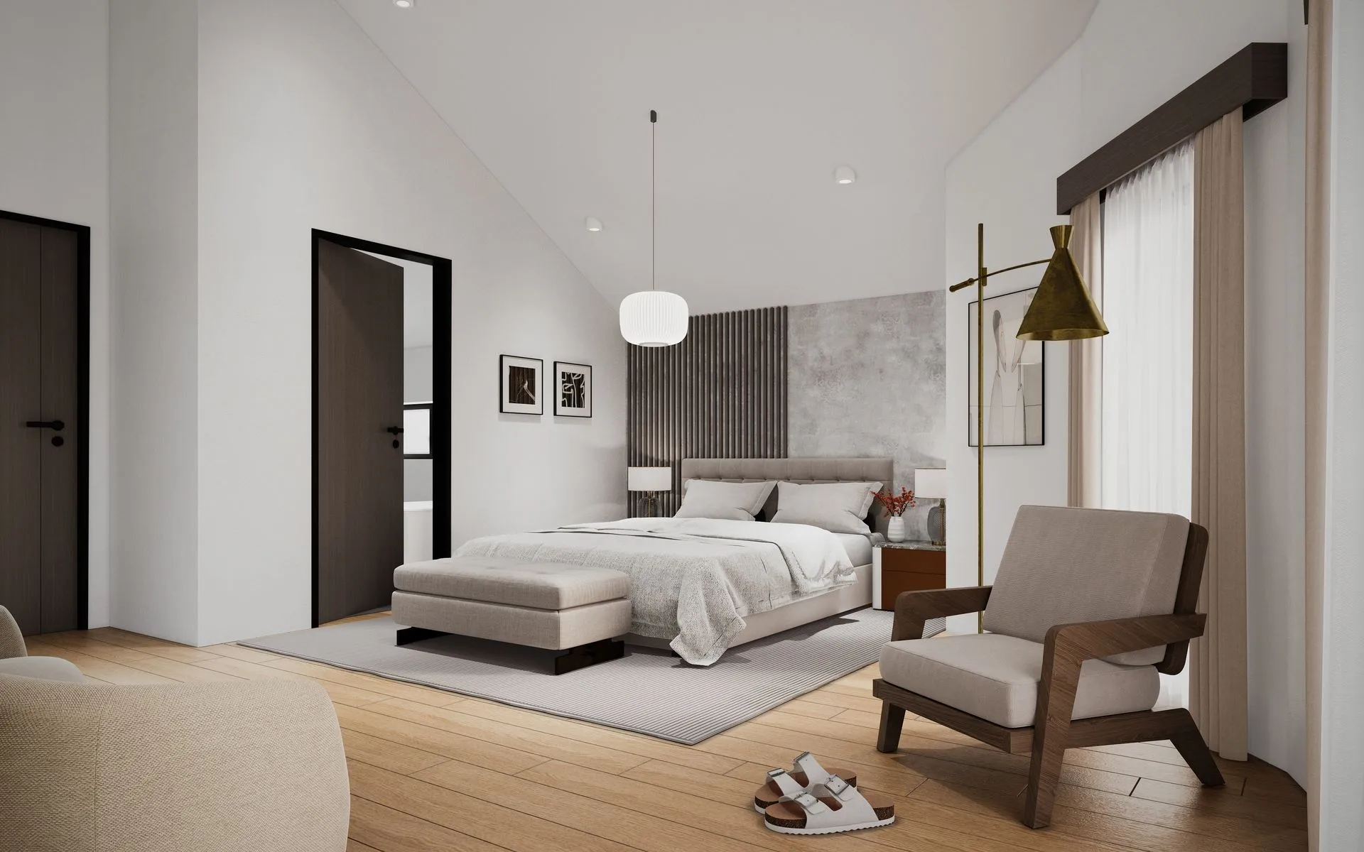 3D Visualisierung Schlafzimmer mit Doppelbett und stilvollem Interieur 