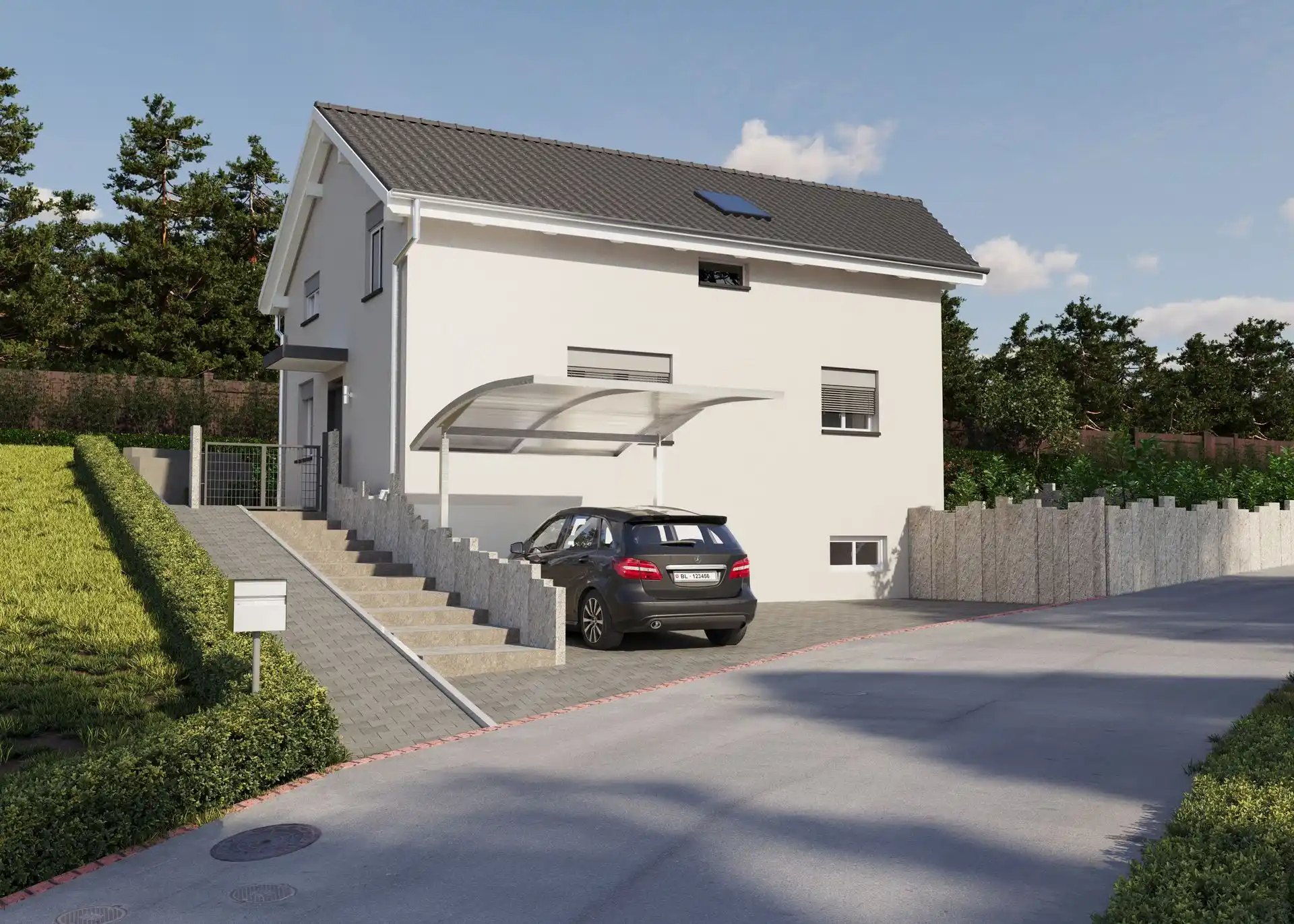3D Visualisierung Einfamilienhaus mit Carport und Zufahrt 
