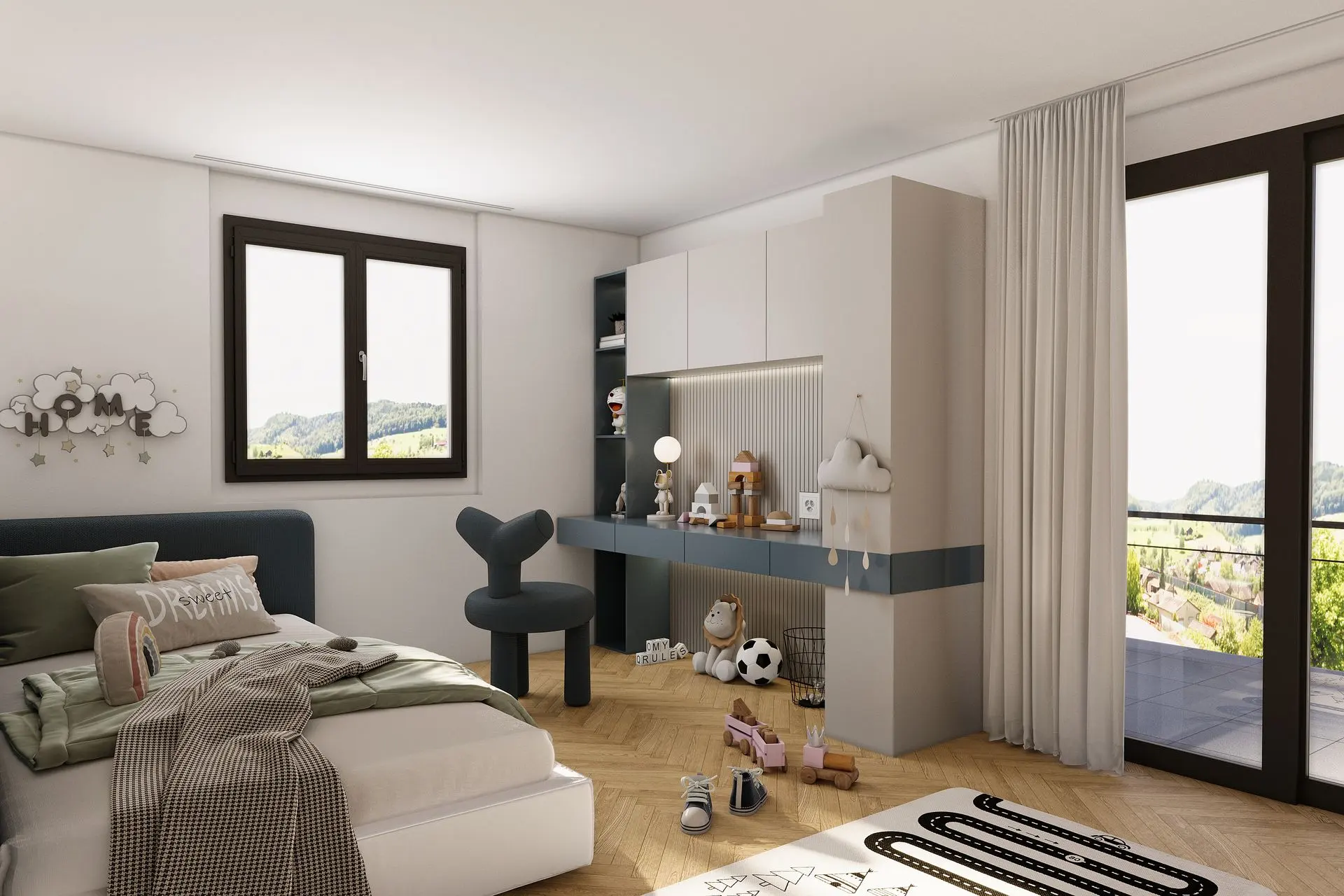 3D Visualisierung helles Schlafzimmer mit grossem Fenster