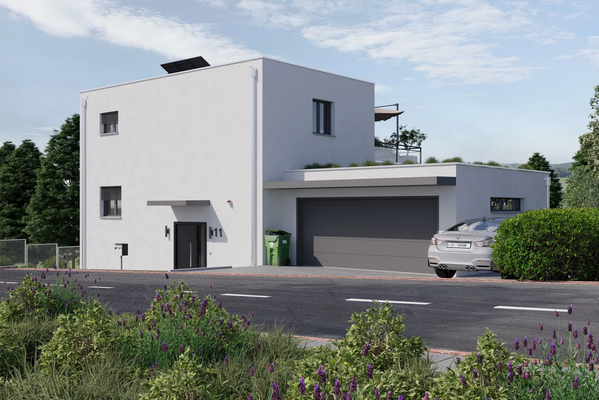 3D Visualisierung modernes Einfamilienhaus mit Garage und Einfahrt
