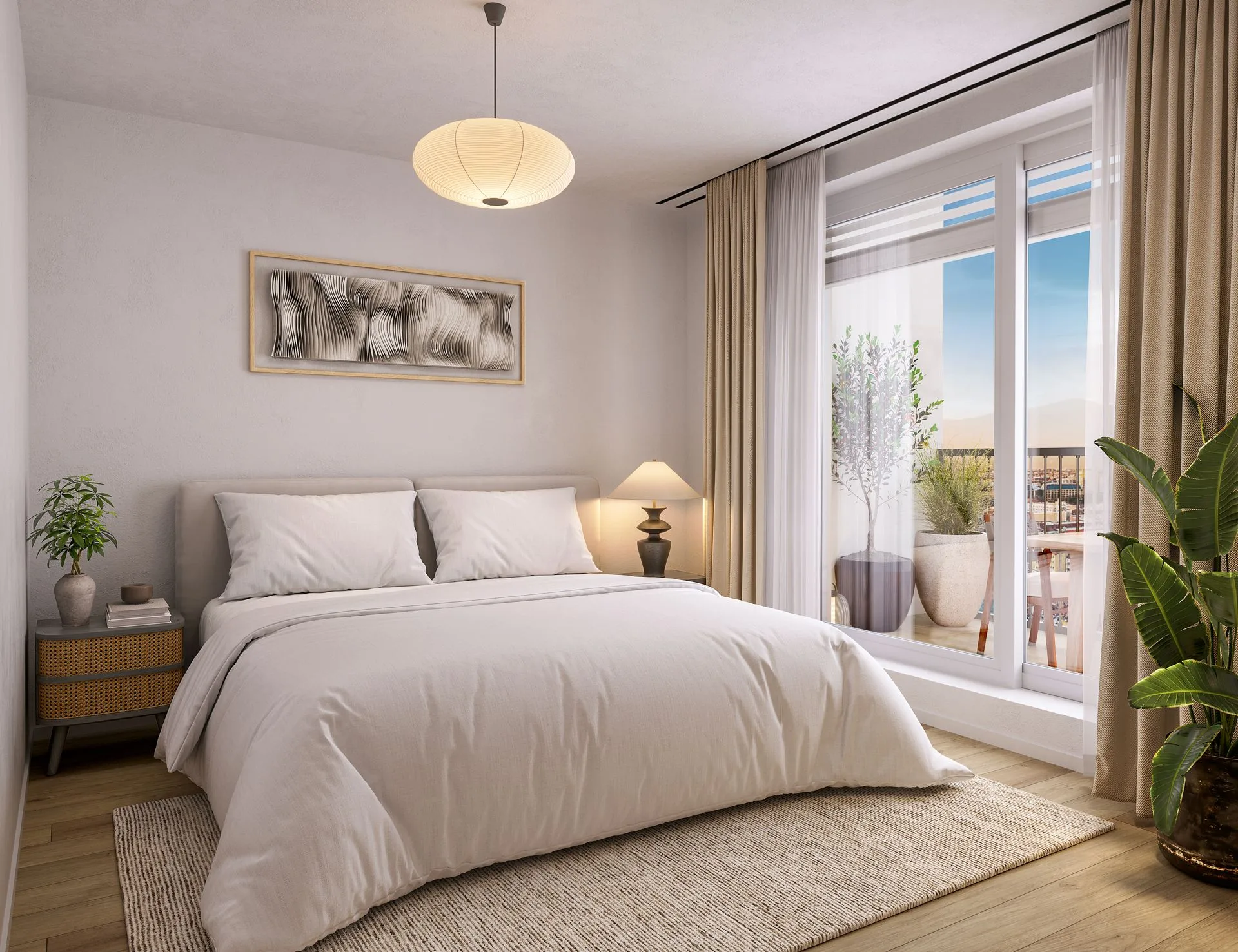 3D Visualisierung helles Schlafzimmer mit Zugang zum Balkon