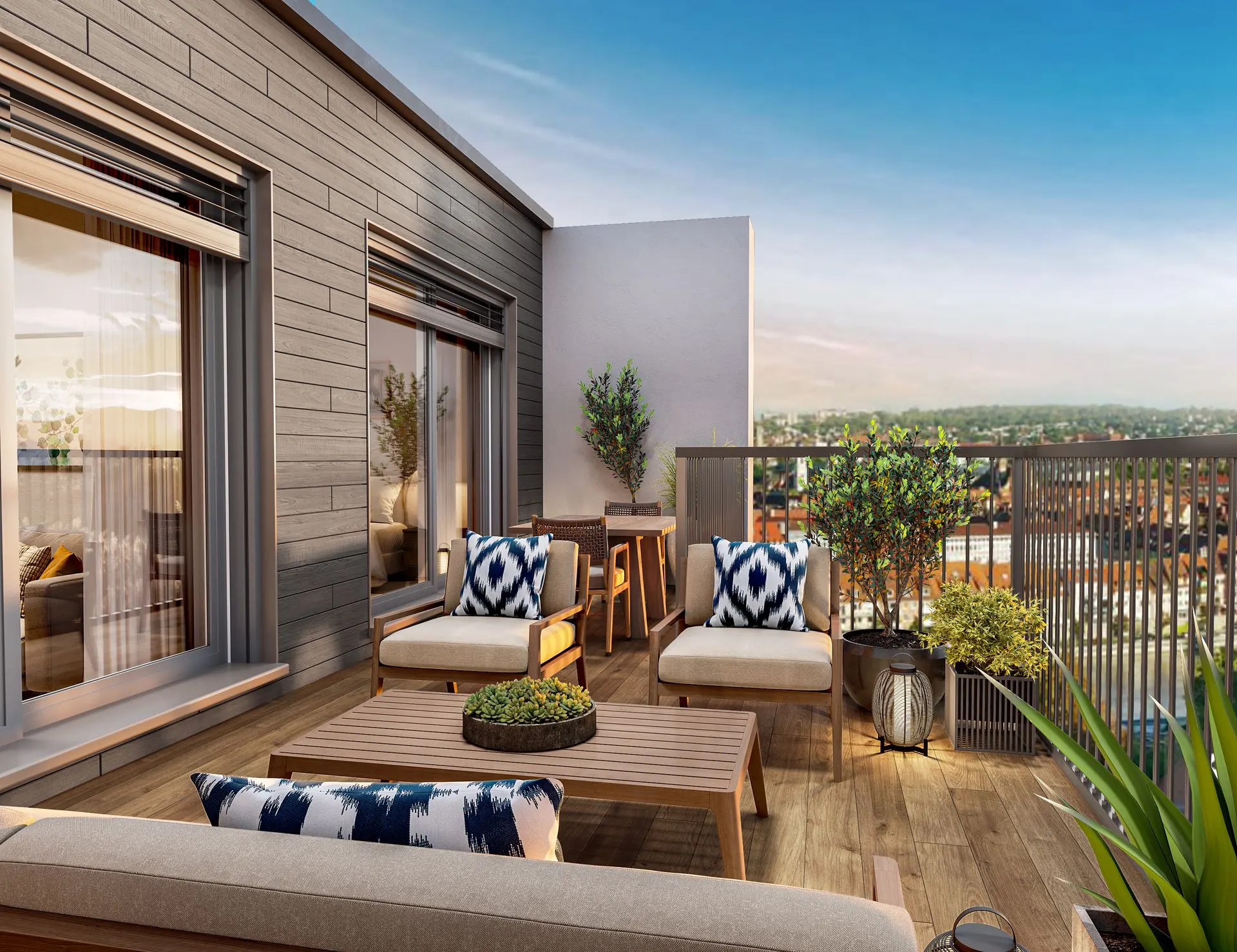 3D Visualisierung Terrasse mit Lounge-Möbeln und Weitblick 