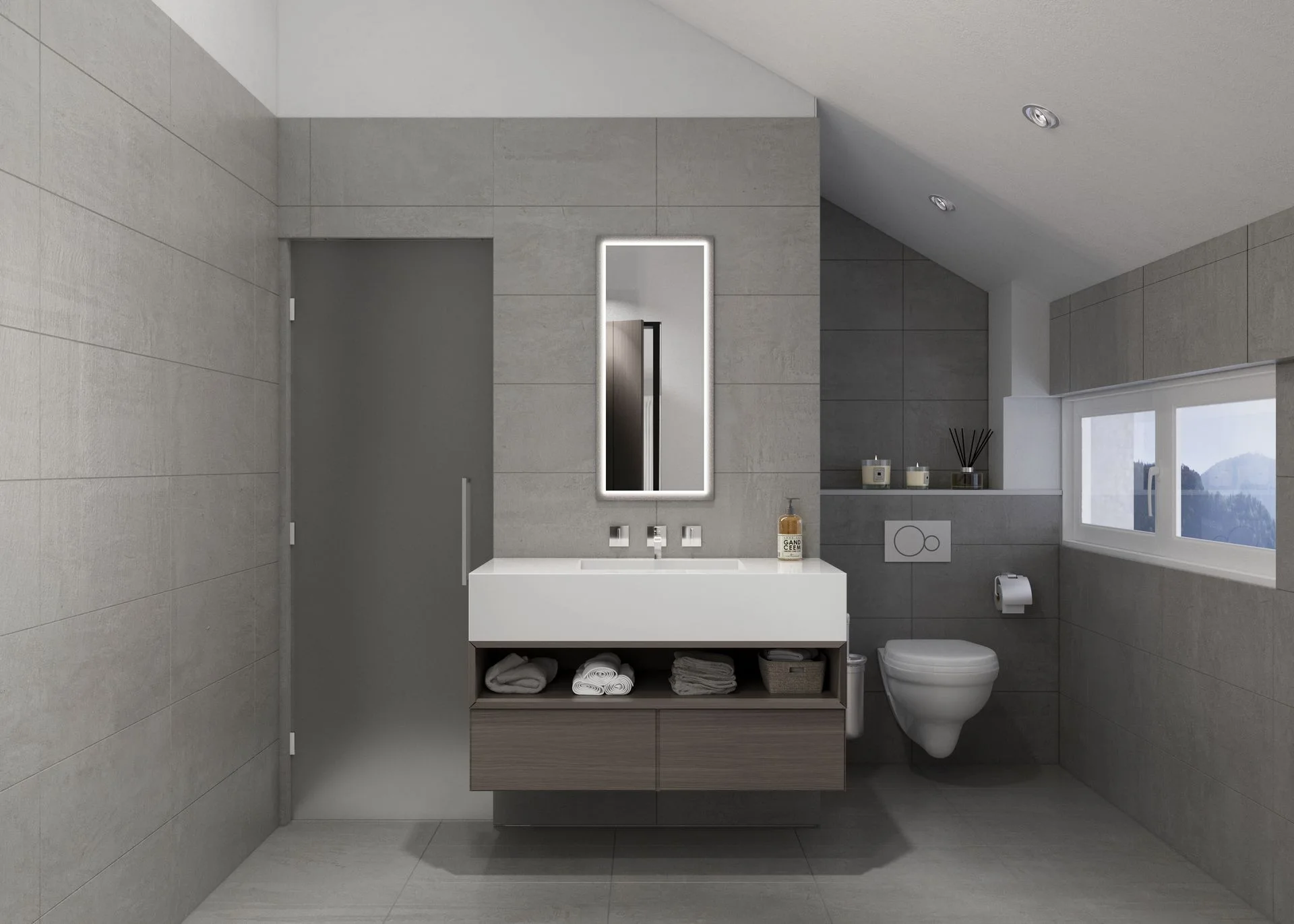 3D Visualisierung eines Badezimmers mit Dusche, Waschbecken und WC