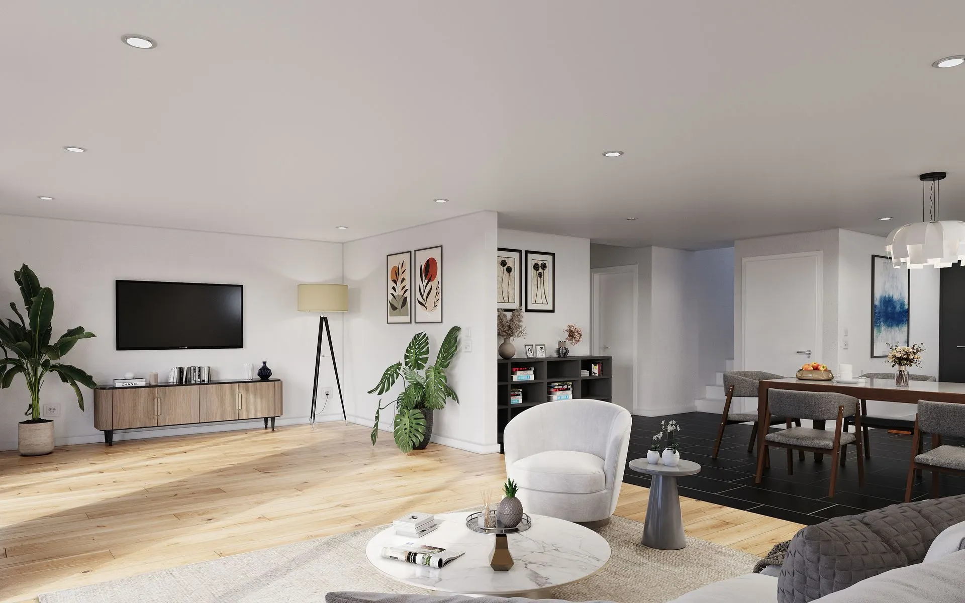 Modernes Wohn- und Esszimmer in der Schweiz mit Designmöbeln, Parkettboden und stilvoller Einrichtung – hochwertiges Wohnen in zeitgemässer Architektur