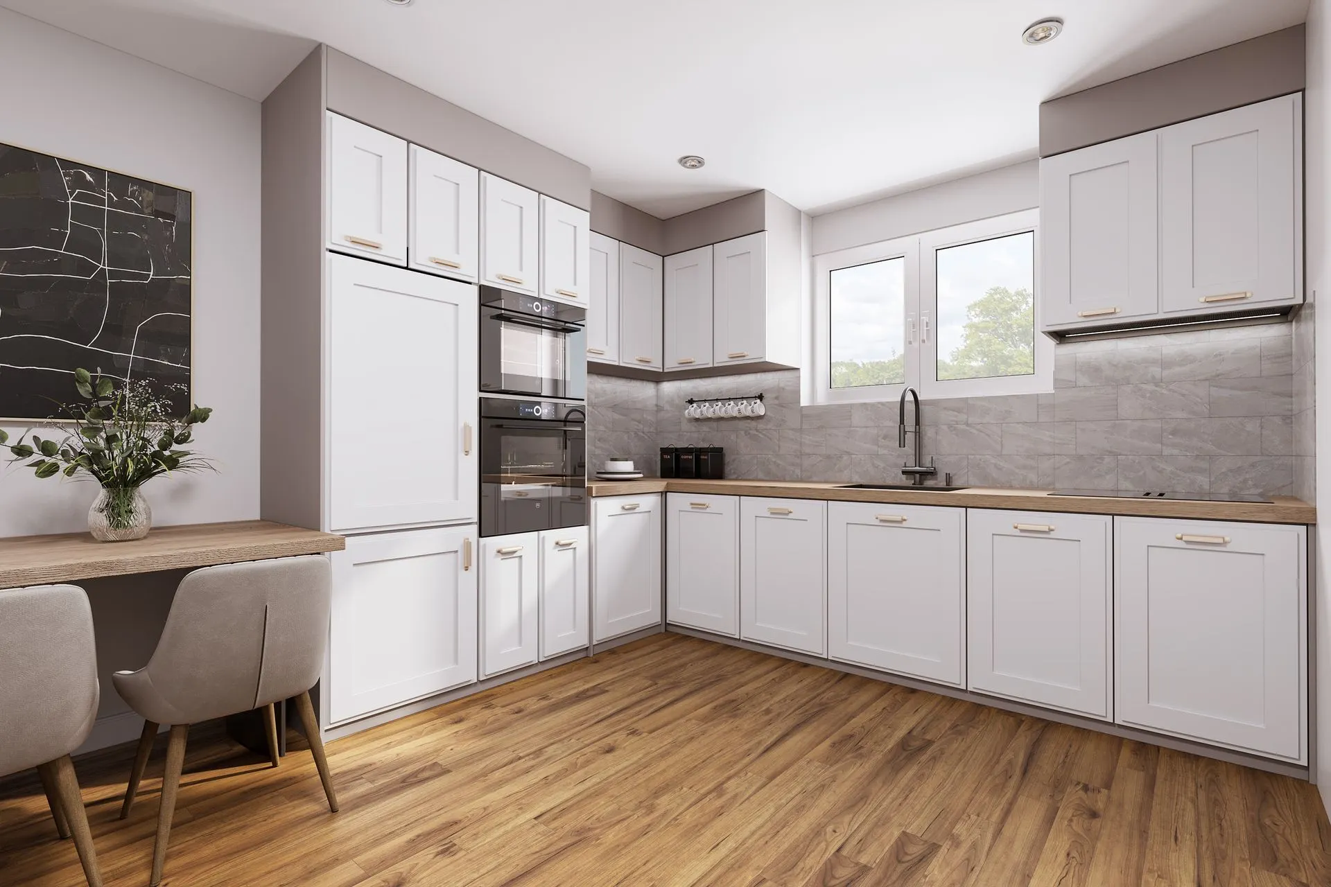 3D Visualisierung moderne Küche mit weissen Fronten, Holzarbeitsplatten und Essbereich