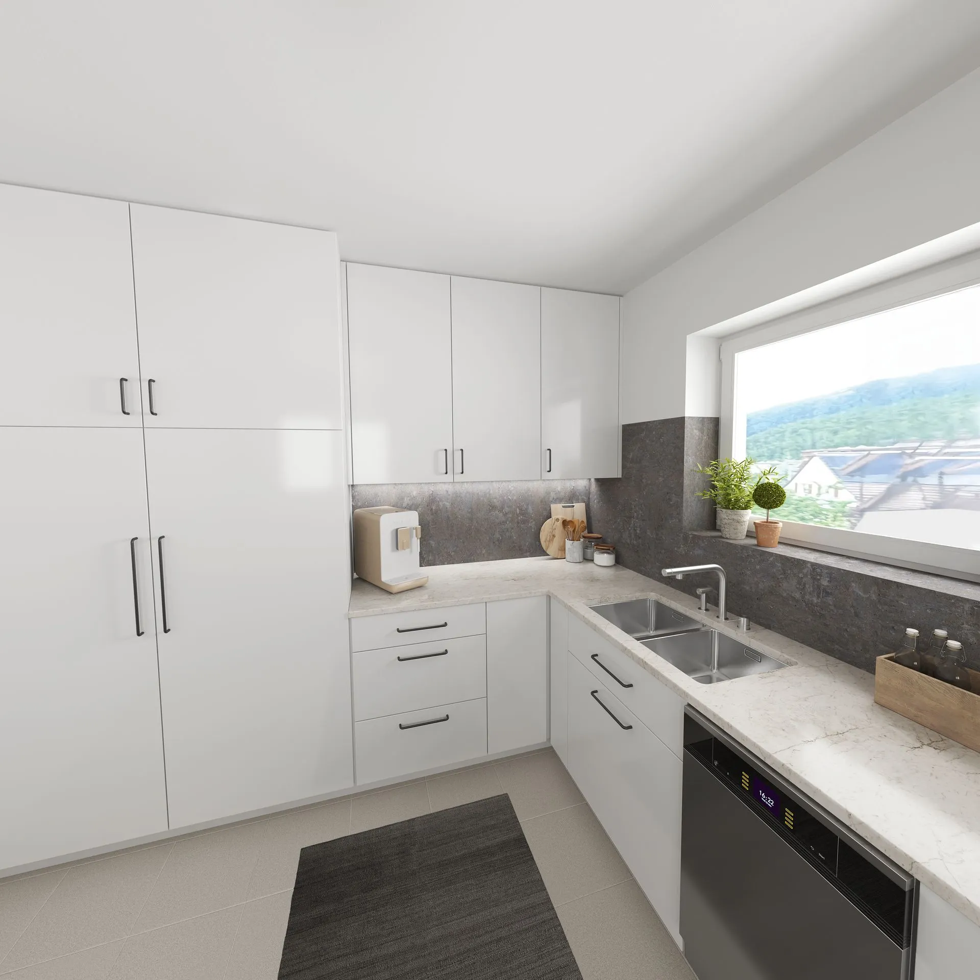 3D Visualisierung moderne Küche mit weissen Fronten, Eckspüle und Naturstein-Arbeitsplatte