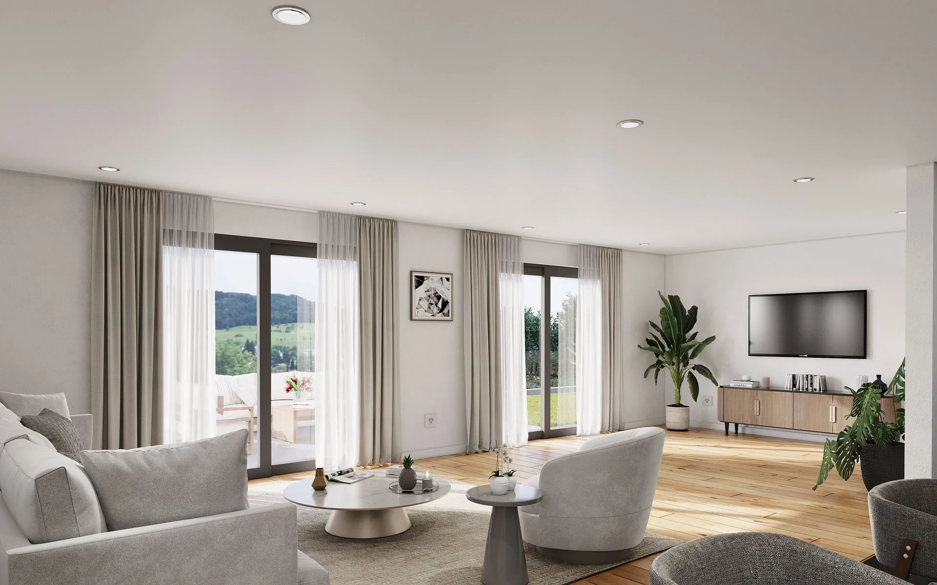 Fotorealistische Innenvisualisierung eines Wohnzimmers mit Sofa und Essbereich