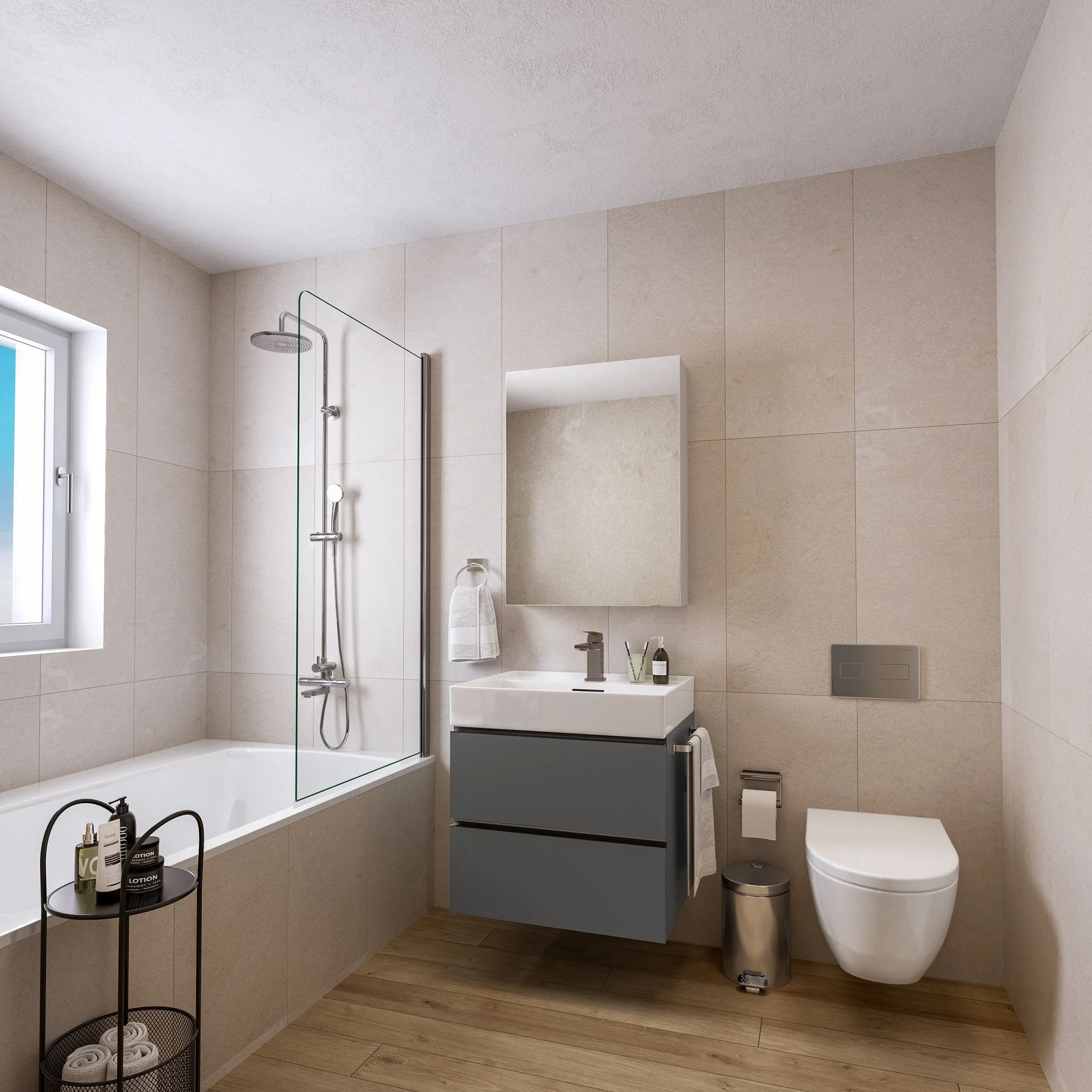 3D Visualisierung modernes Badezimmer mit Dusche, WC und Waschbecken