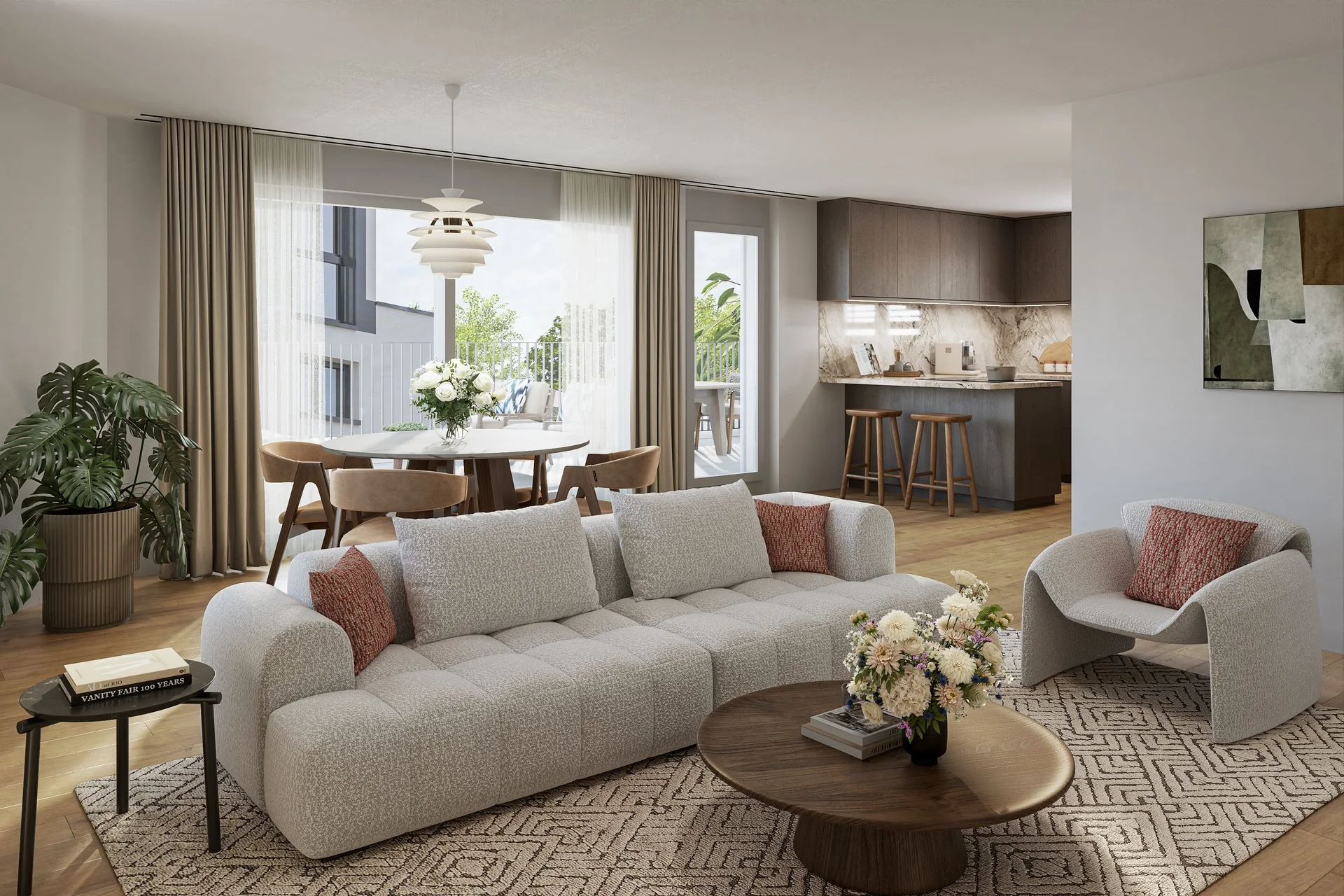 3D Visualisierung offener Wohn- und Essbereich mit Designer-Sofa, runder Esstisch und moderner Küche