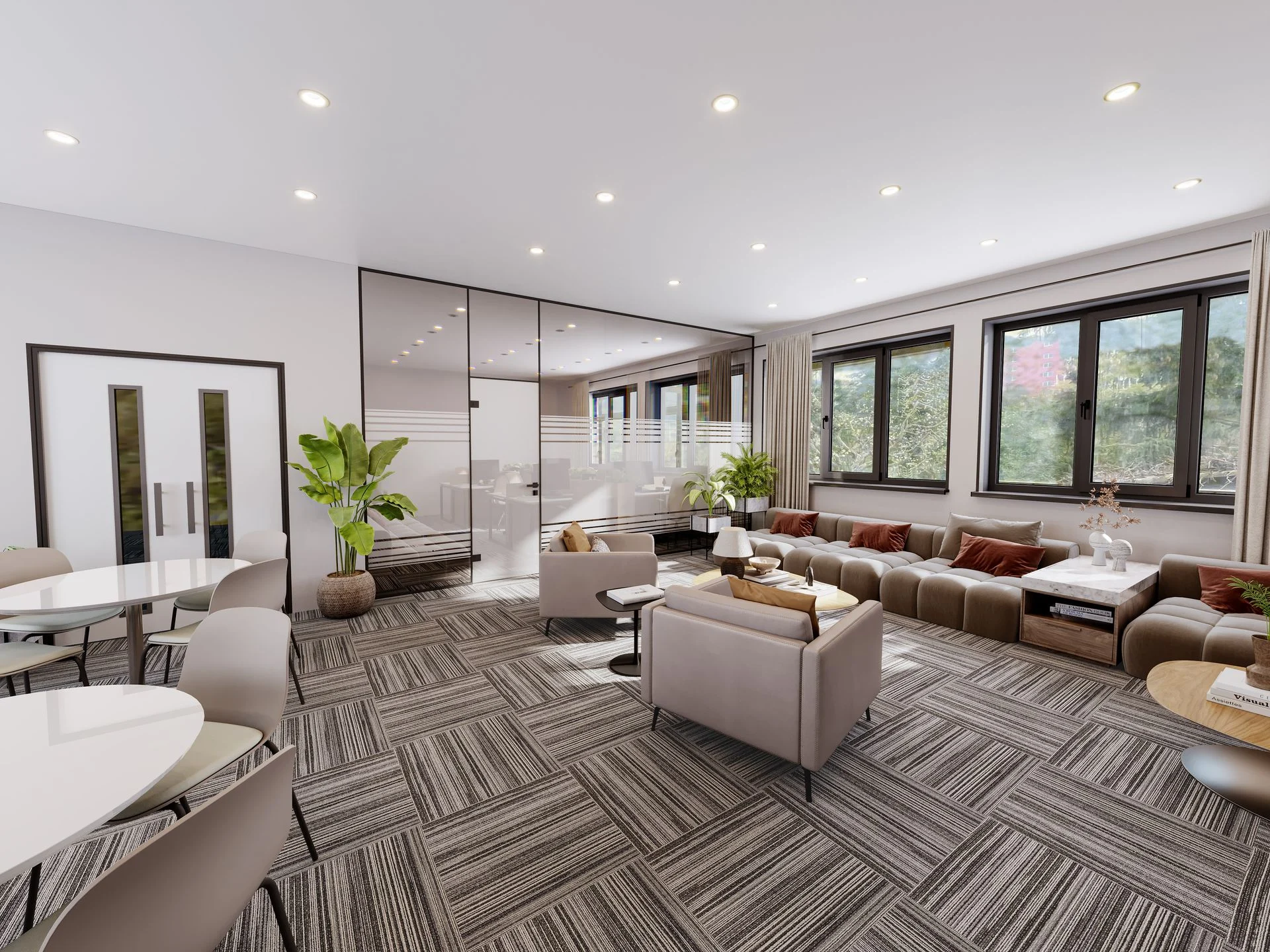 3D Visualisierung modernem Büro mit grosser Sitzgruppe, Teppich und Glaswand