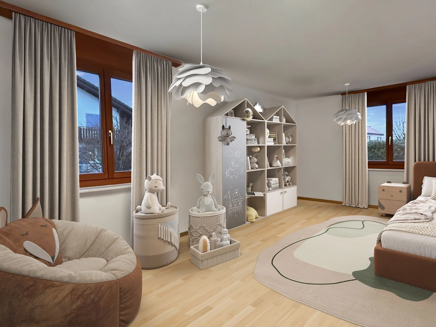 Virtual Staging Kinderzimmer mit Spielbereich und Regalen