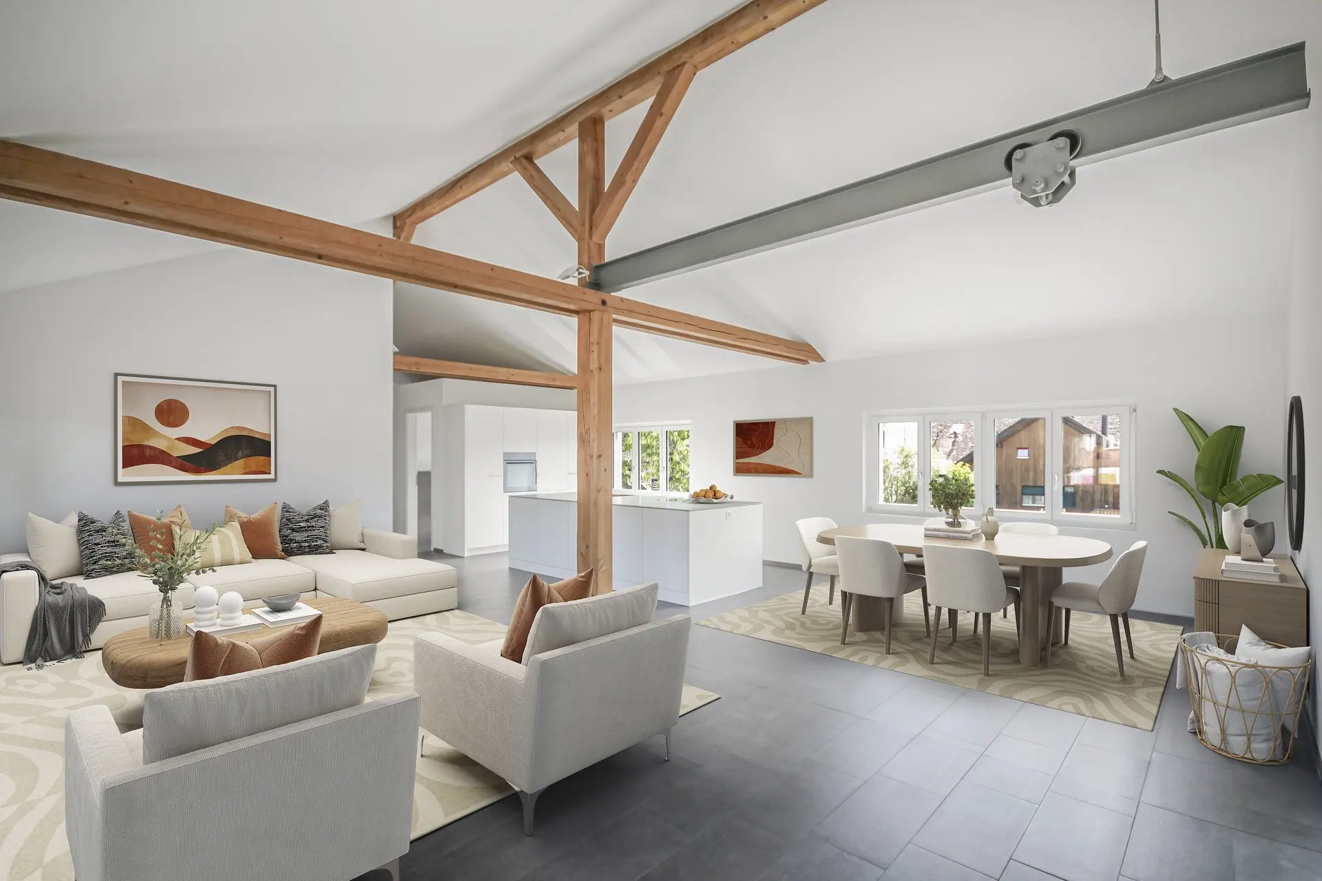 Virtual Staging offener Wohn- und Essbereich mit Holzbalken