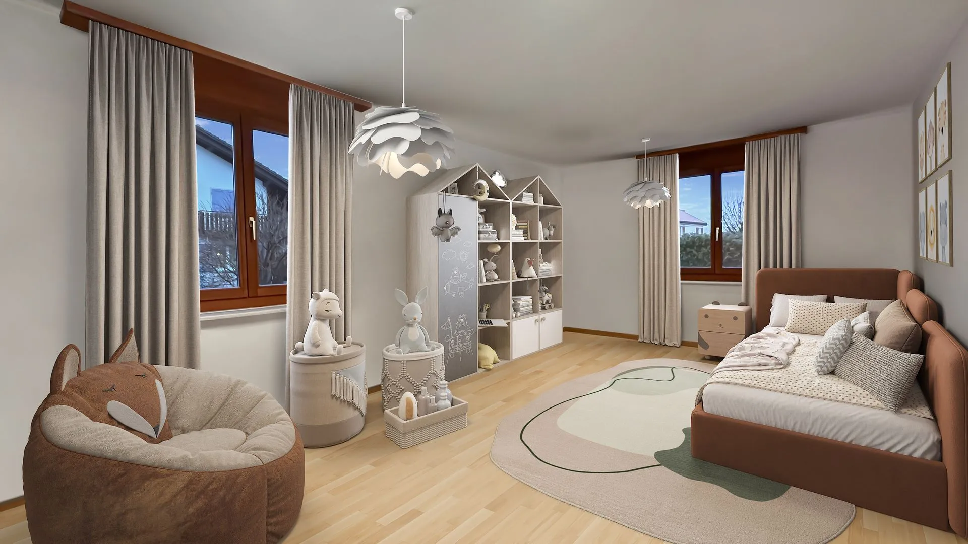 Virtual Staging Kinderzimmer mit Spielbereich und Regalen