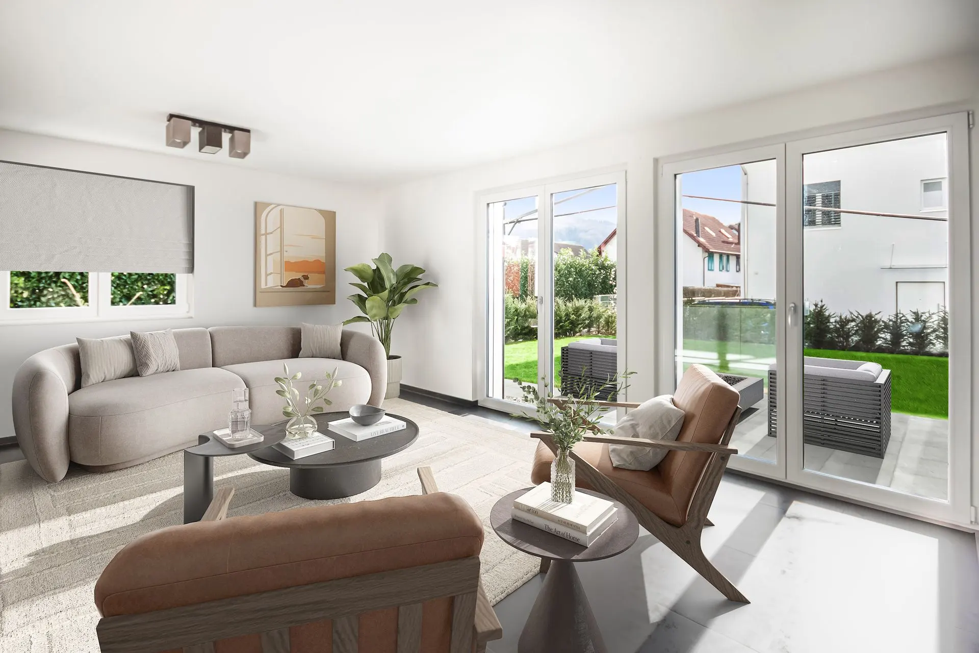 Virtual Staging helles Wohnzimmer mit Zugang zur Terrasse