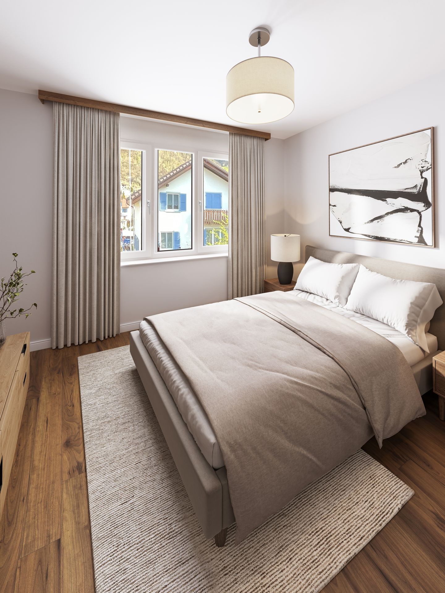 Virtual Staging modernes Schlafzimmer mit Doppelbett und Fenster