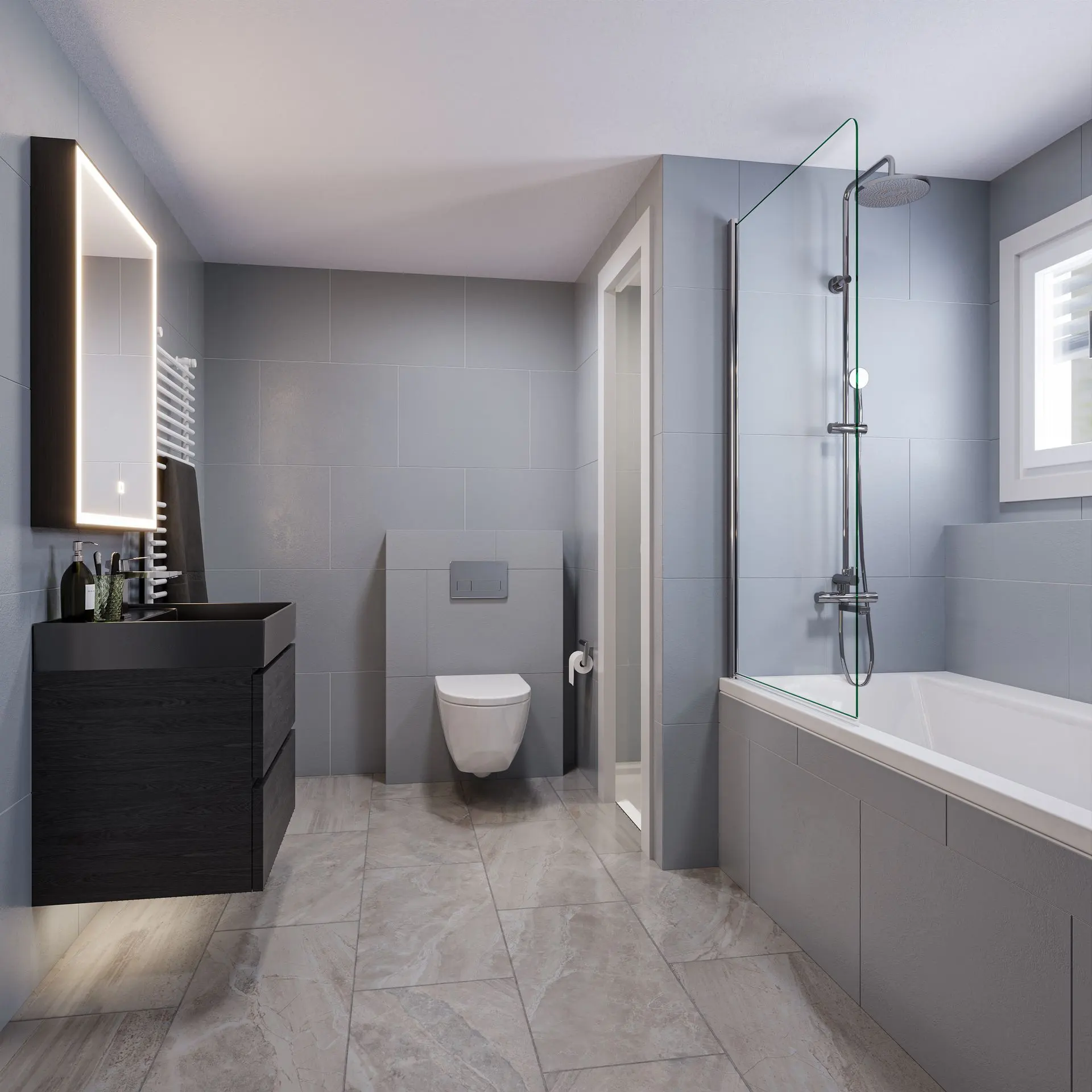 Modernes Badezimmer nach digitaler Renovation mit neuer Raumwirkung und zeitgemässer Gestaltung