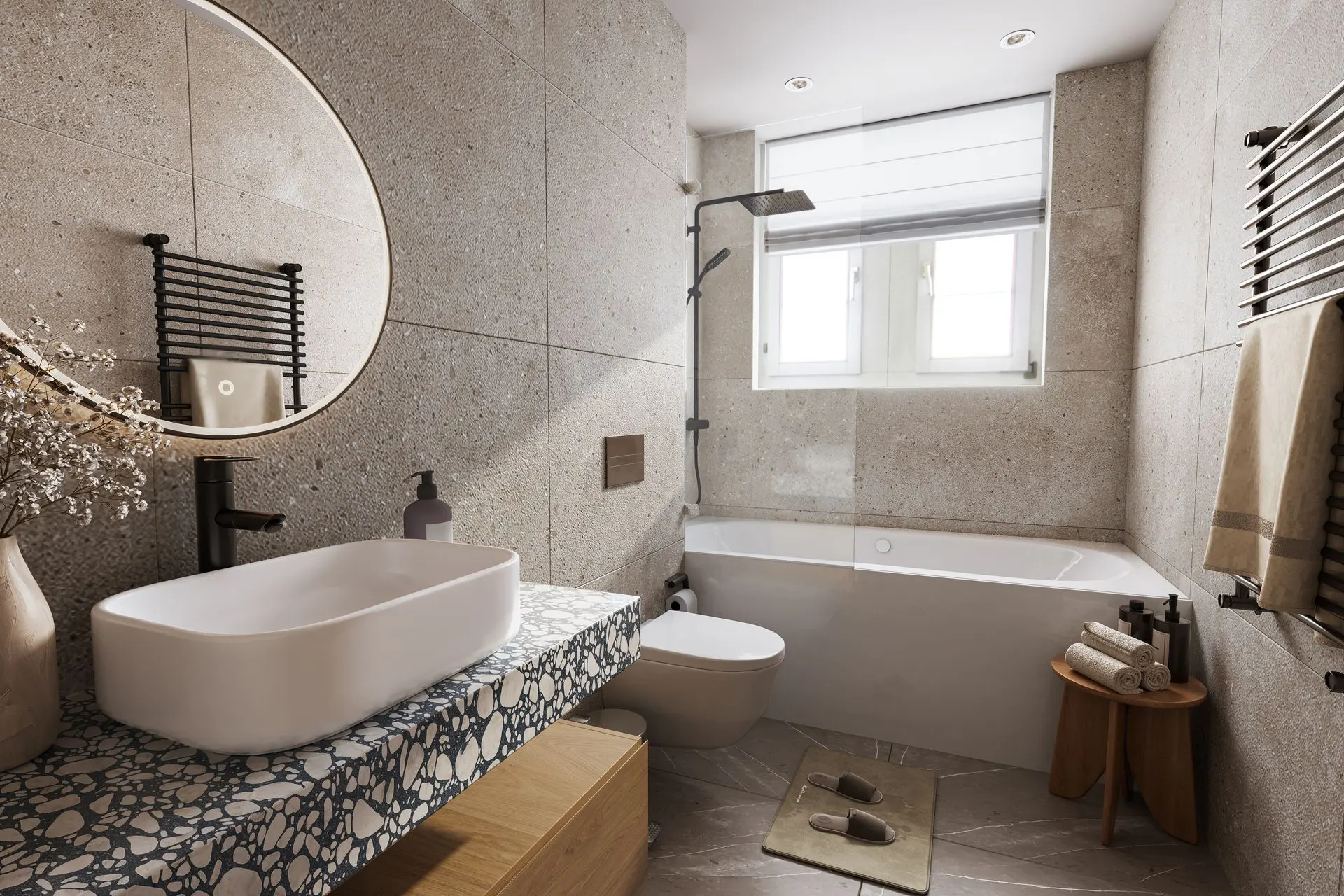 Badezimmer mit neuer Gestaltung nach digitaler Renovation