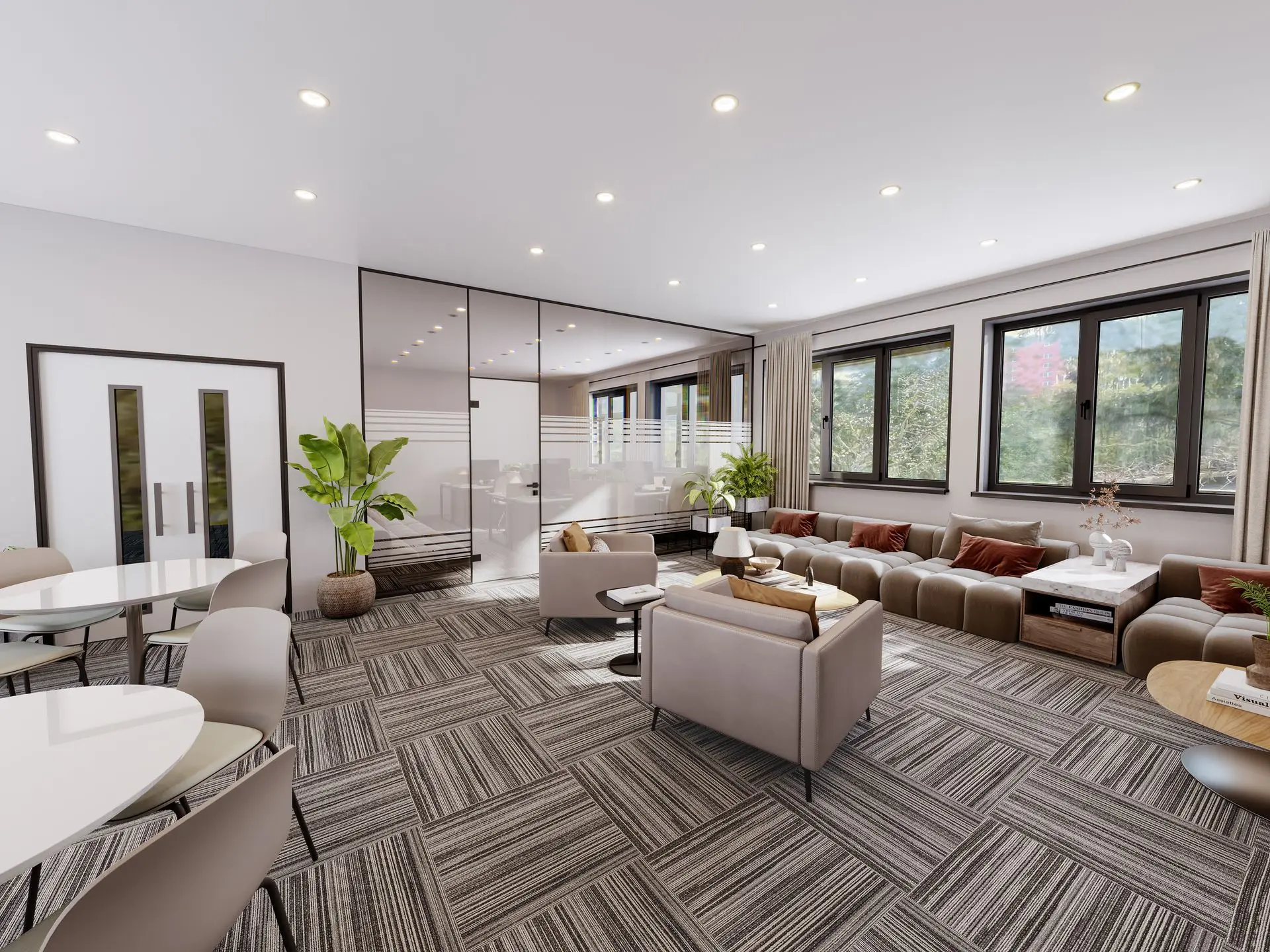 Offener Wohnbereich nach digitaler Renovation mit heller Atmosphäre und moderner Einrichtung