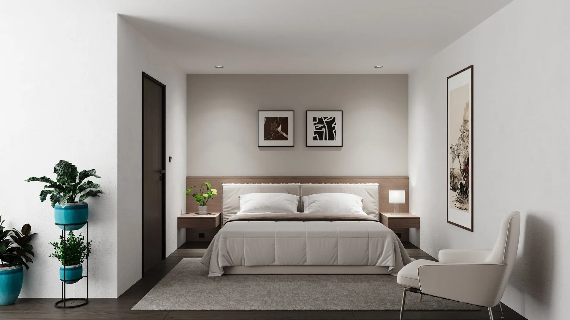 Architekturvisualisierung eines Schlafzimmers mit klarer Linienführung, moderner Möblierung und ruhiger Farbgebung