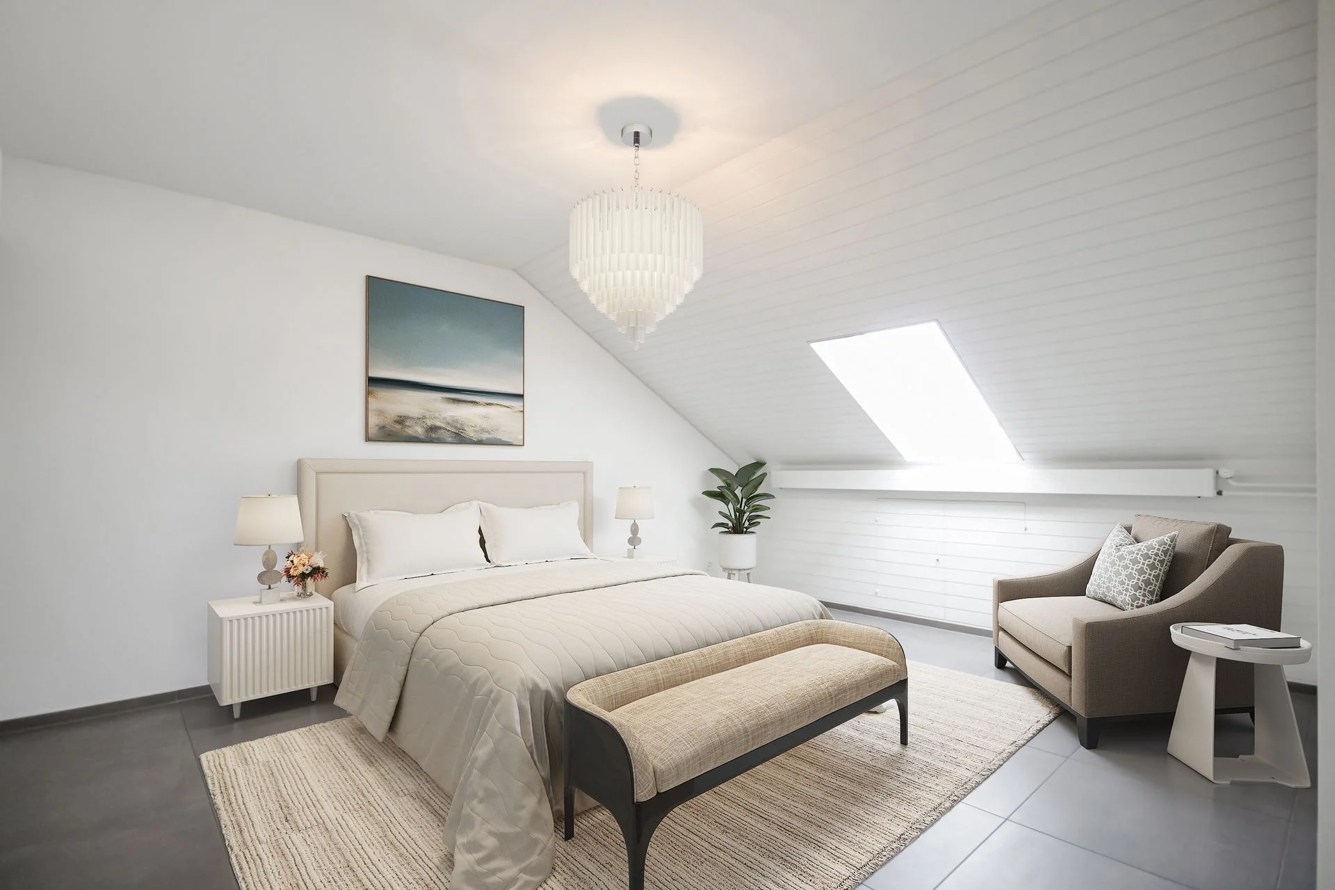 Dachgeschoss Schlafzimmer nach Virtual Staging mit ruhiger und klarer Gestaltung