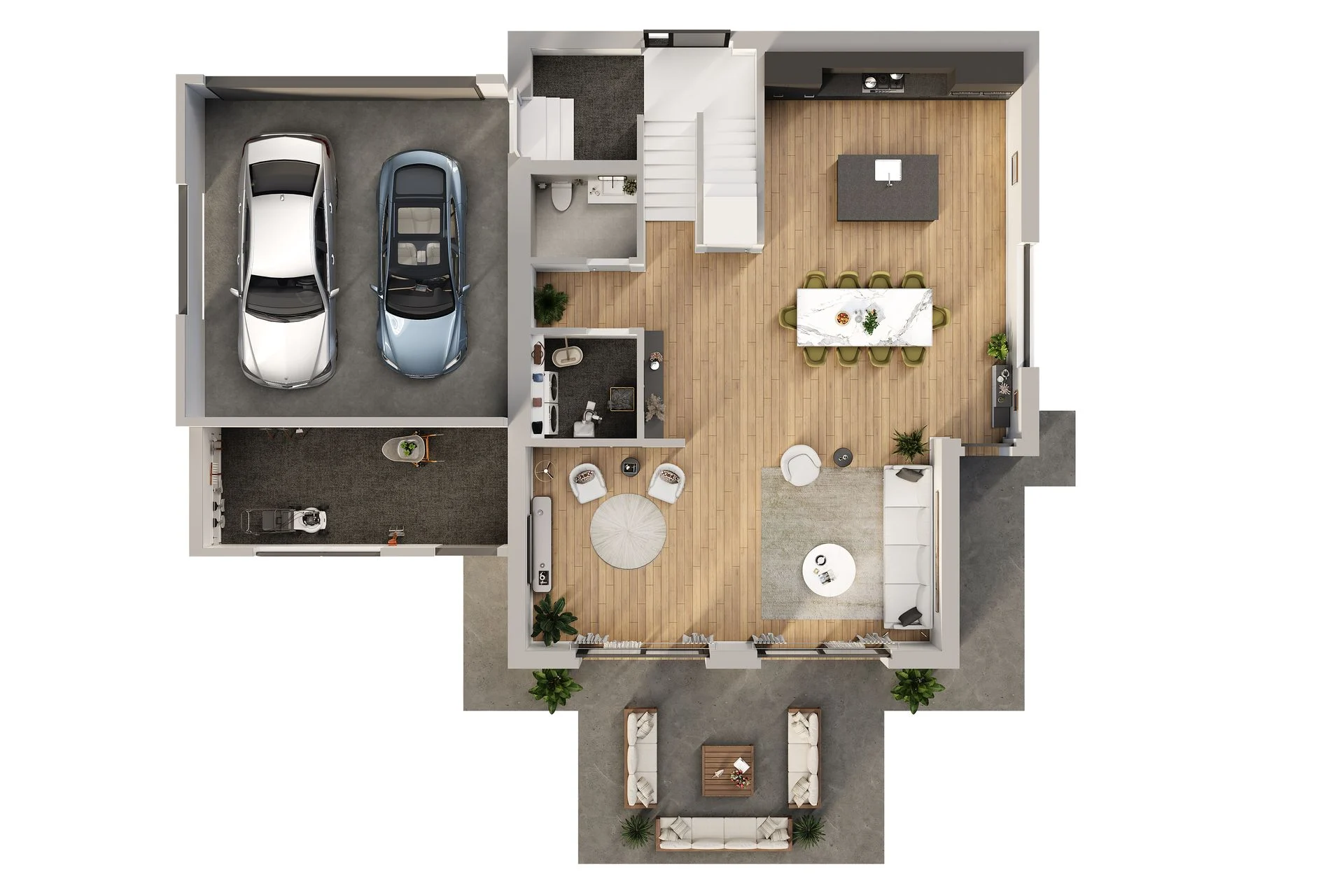 Grundrissvisualisierung einer Wohnung mit klarer Raumaufteilung und Möblierung
