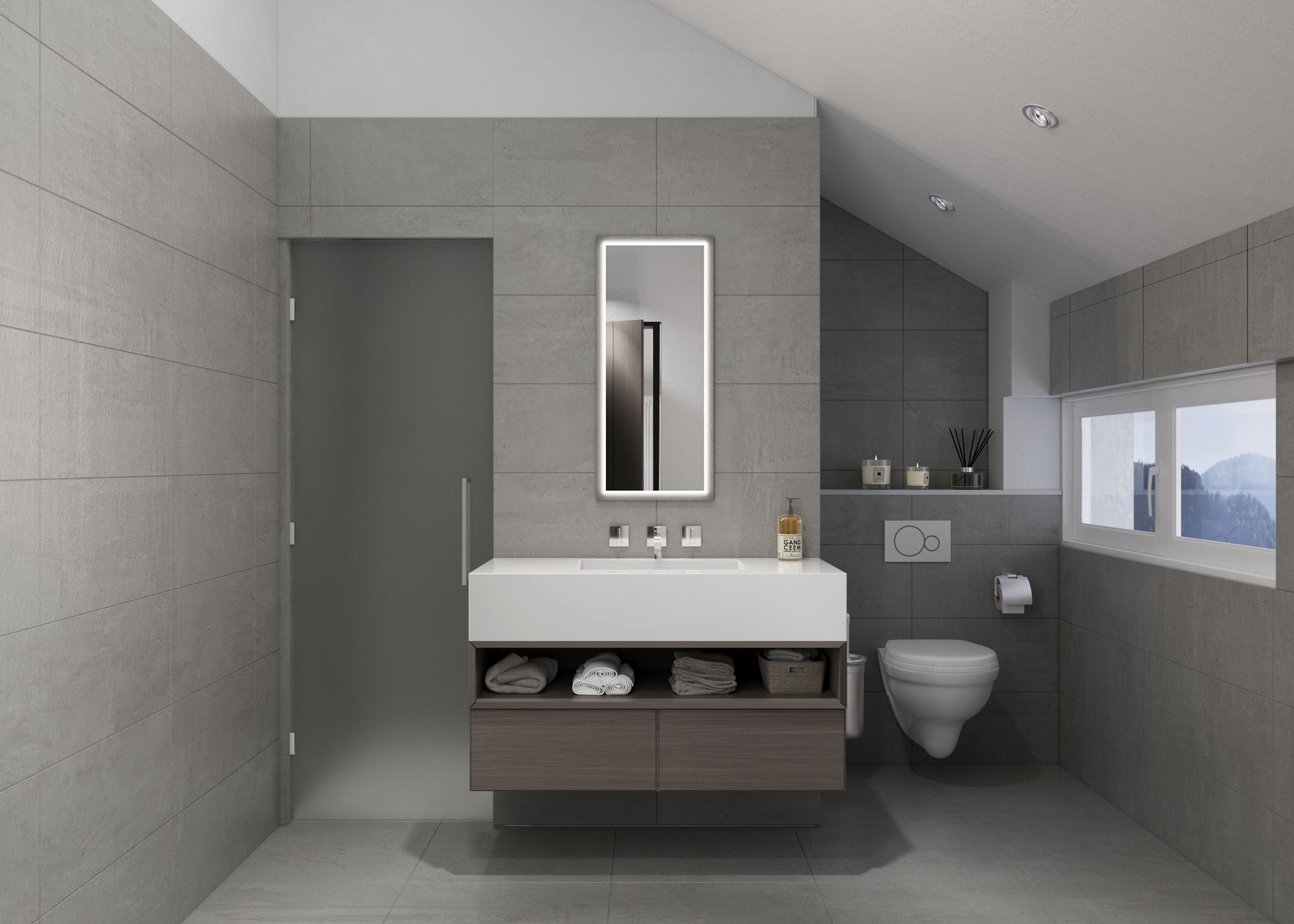 Modernisiertes Badezimmer nach digitaler Renovation mit klarer Linienführung und moderner Optik