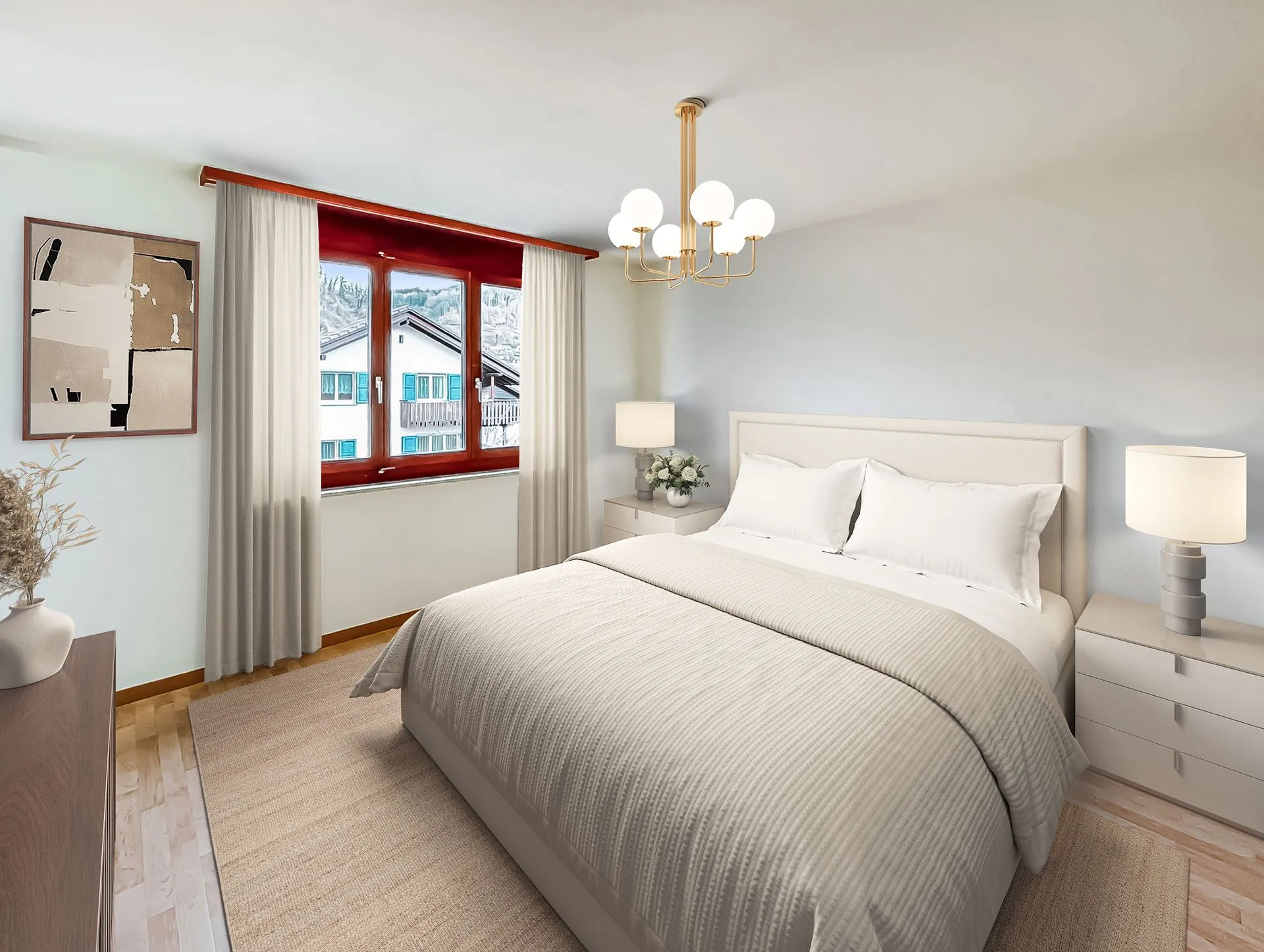 Virtual Staging eines Schlafzimmers mit hellem Bett, Nachttischen und ruhiger, wohnlicher Atmosphäre