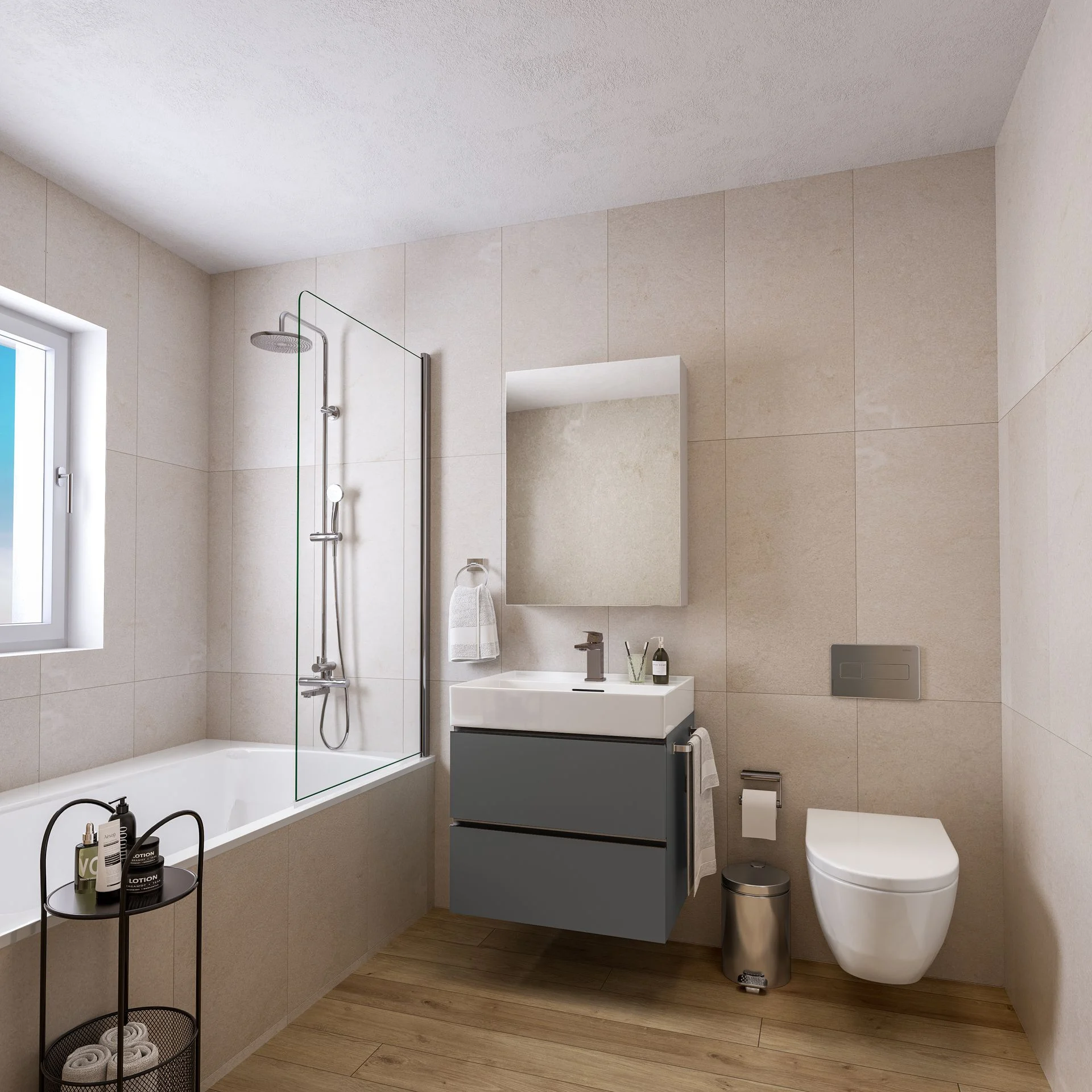 Innenvisualisierung eines Badezimmers mit heller Fliesenoptik, moderner Dusche und schlichter Einrichtung