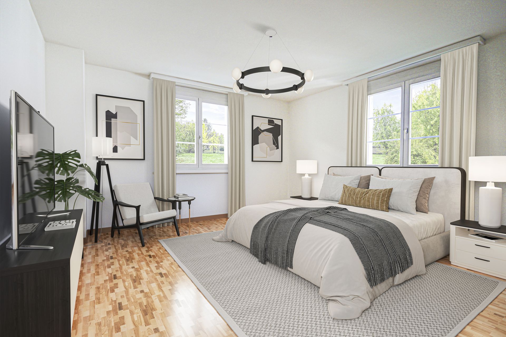 Schlafzimmer mit Virtual Staging und heller, freundlicher Raumwirkung