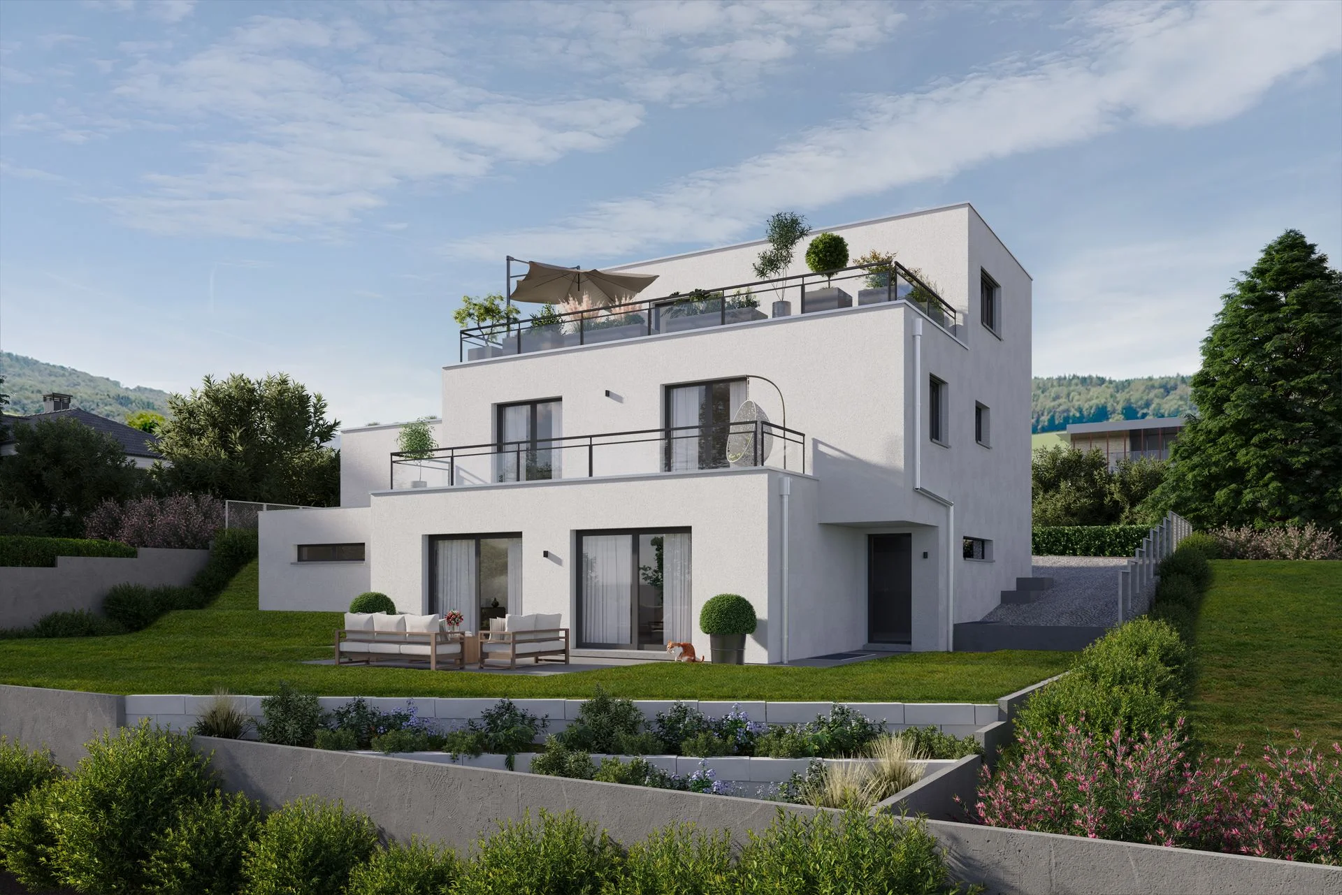 Aussenvisualisierung eines Wohngebäudes mit Garten, Terrassen und moderner Architektur