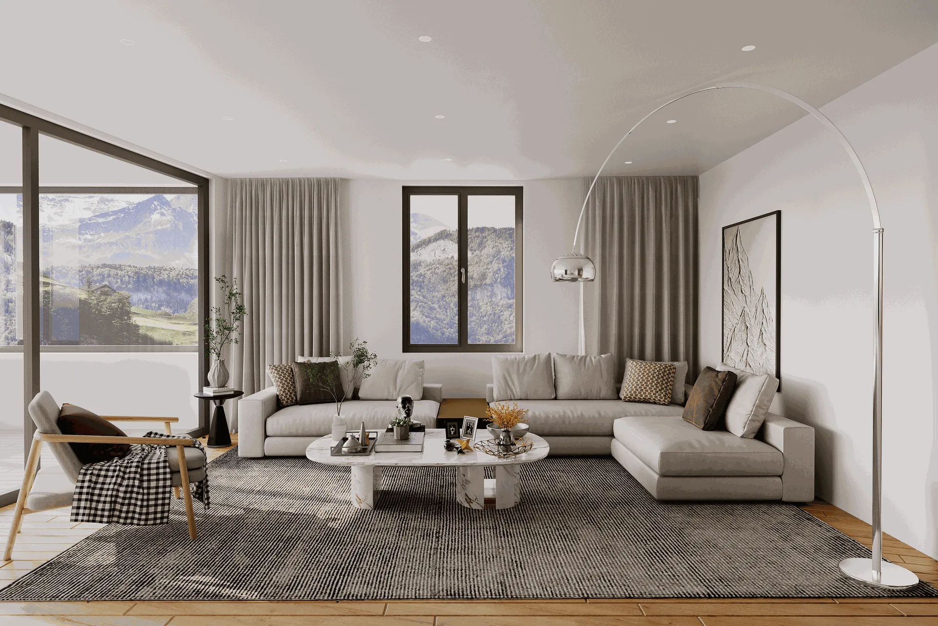 Innenvisualisierung eines Wohnbereichs mit Sofa, Vorhängen und heller, ruhiger Raumwirkung