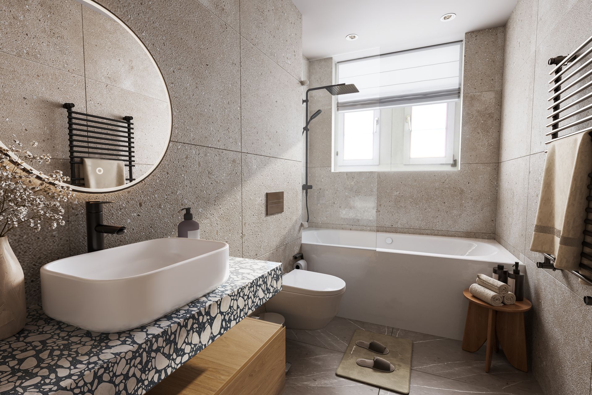 Virtuell renoviertes Badezimmer mit neuen Oberflächen, modernem Waschtisch und ruhiger, stimmiger Gestaltung