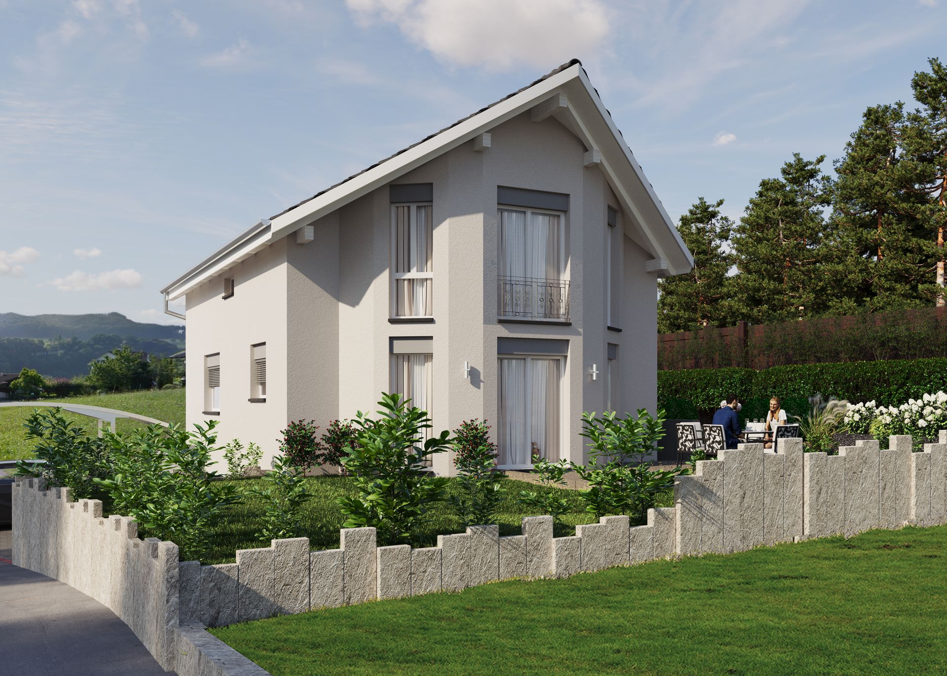 Aussenvisualisierung eines Einfamilienhauses mit Garten und realistischer Umgebung