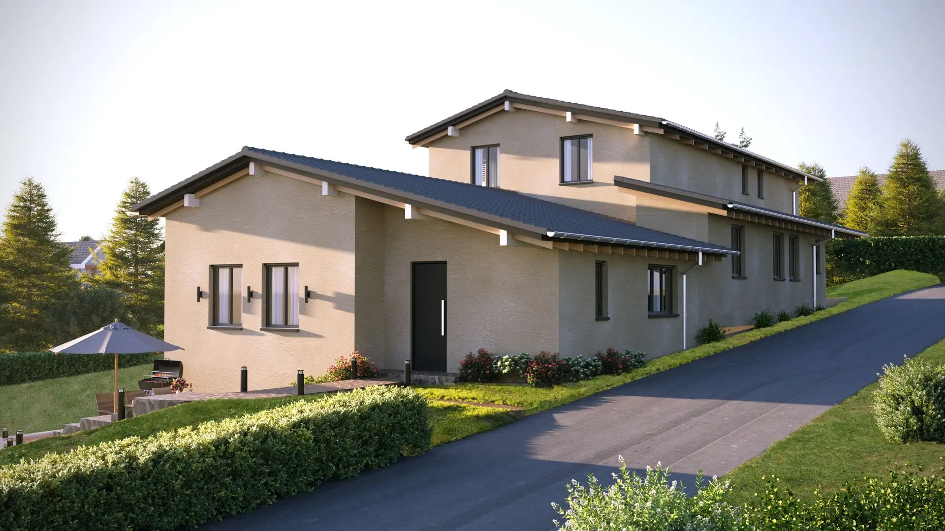 Aussenvisualisierung eines Einfamilienhauses mit Garten und Einbettung in die Landschaft
