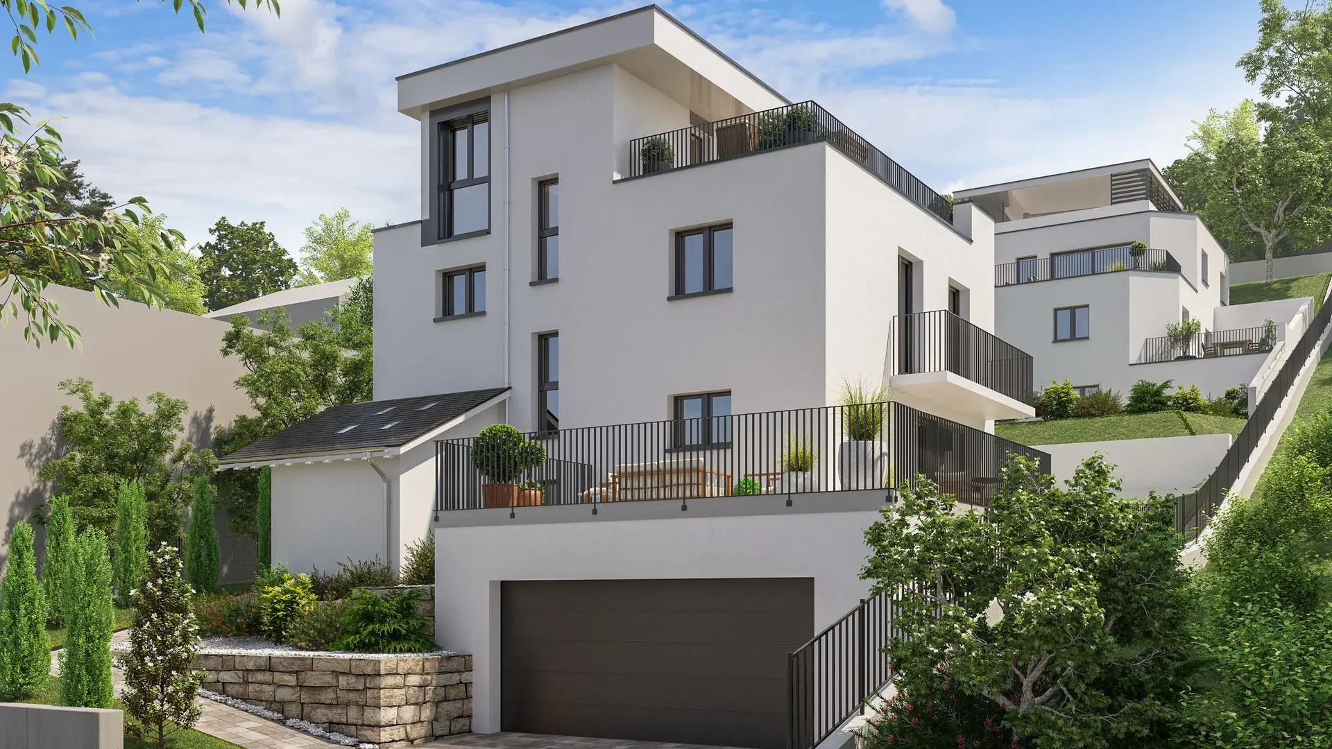 Aussenvisualisierung eines Wohnhauses in Hanglage mit Terrassen und Begrünung