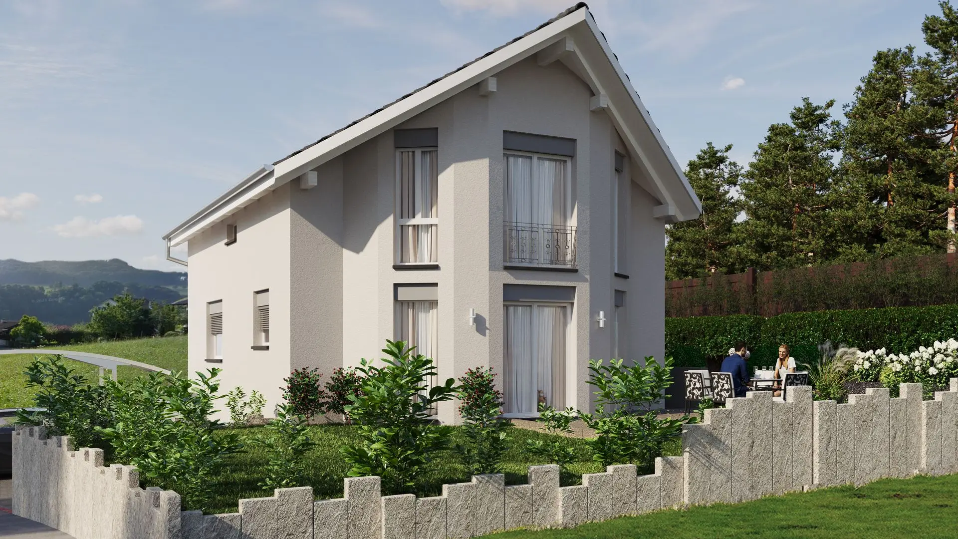 Aussenvisualisierung eines Einfamilienhauses mit Garten, Zaun und ländlicher Umgebung