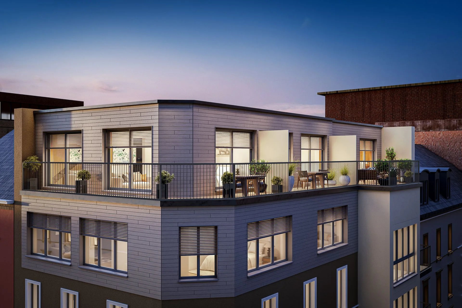 Aussenvisualisierung einer renovierten Wohnung mit moderner Fassade und grossen Fenstern