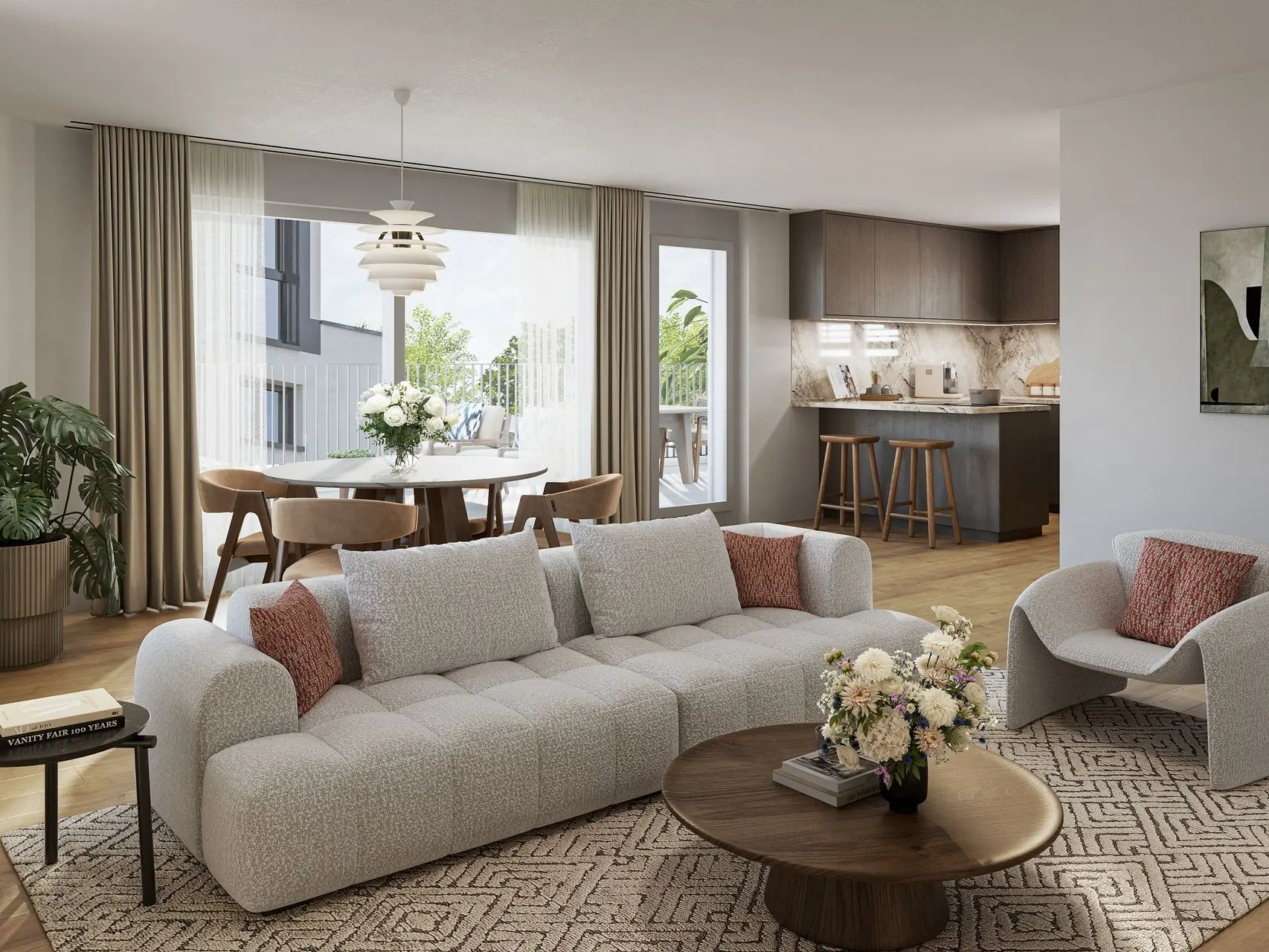 3D-Rendering eines grosszügigen Wohnzimmers mit Sofa, Esstisch und moderner Küche im Hintergrund