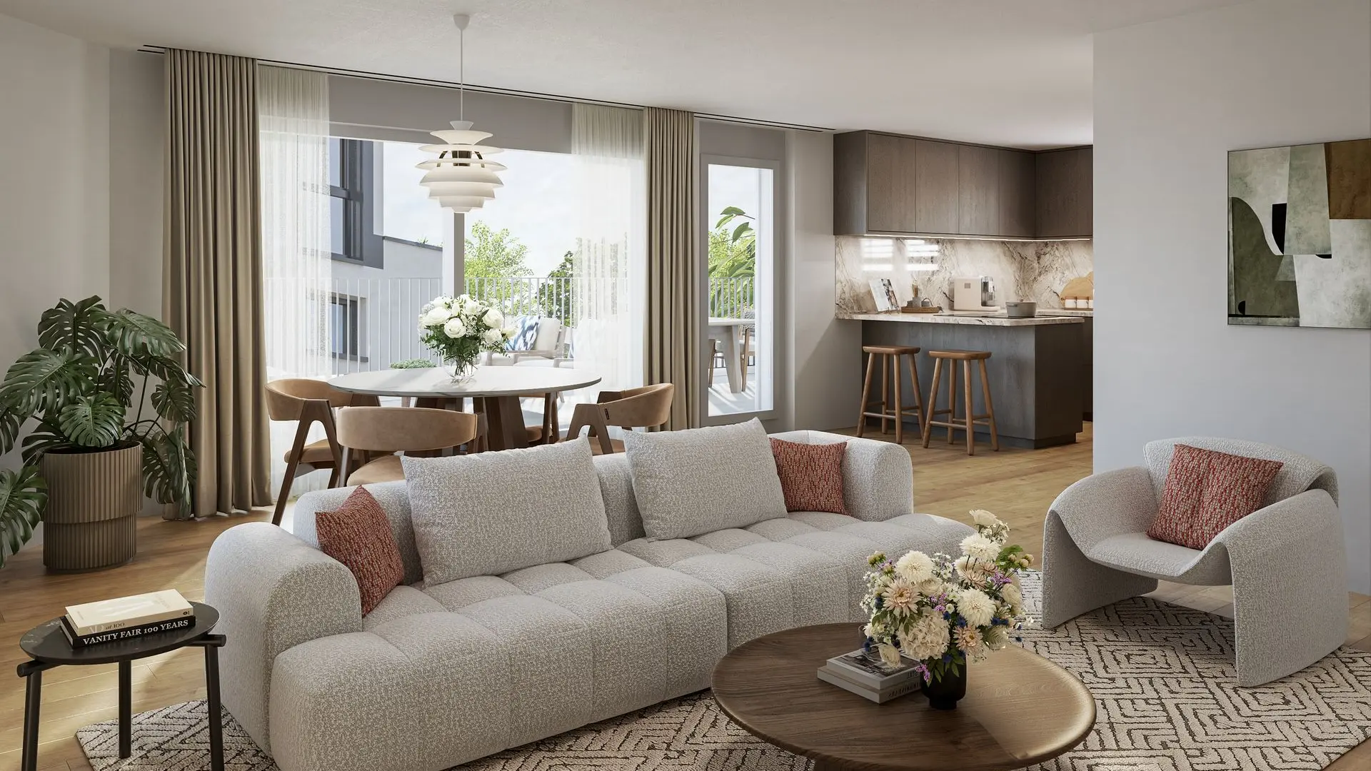 Innenvisualisierung Wohnzimmer mit grossem Sofa, Parkettboden und indirektem Licht