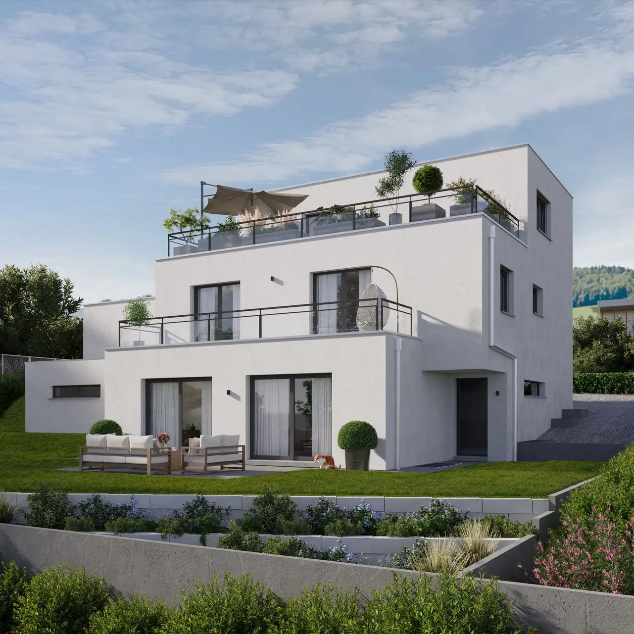 Aussenvisualisierung eines modernen Einfamilienhauses mit Garten