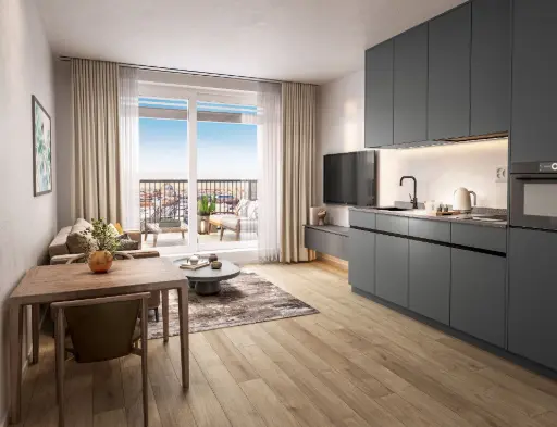 Innenvisualisierung einer offenen Küche mit Essbereich, heller Gestaltung und ruhiger, moderner Atmosphäre