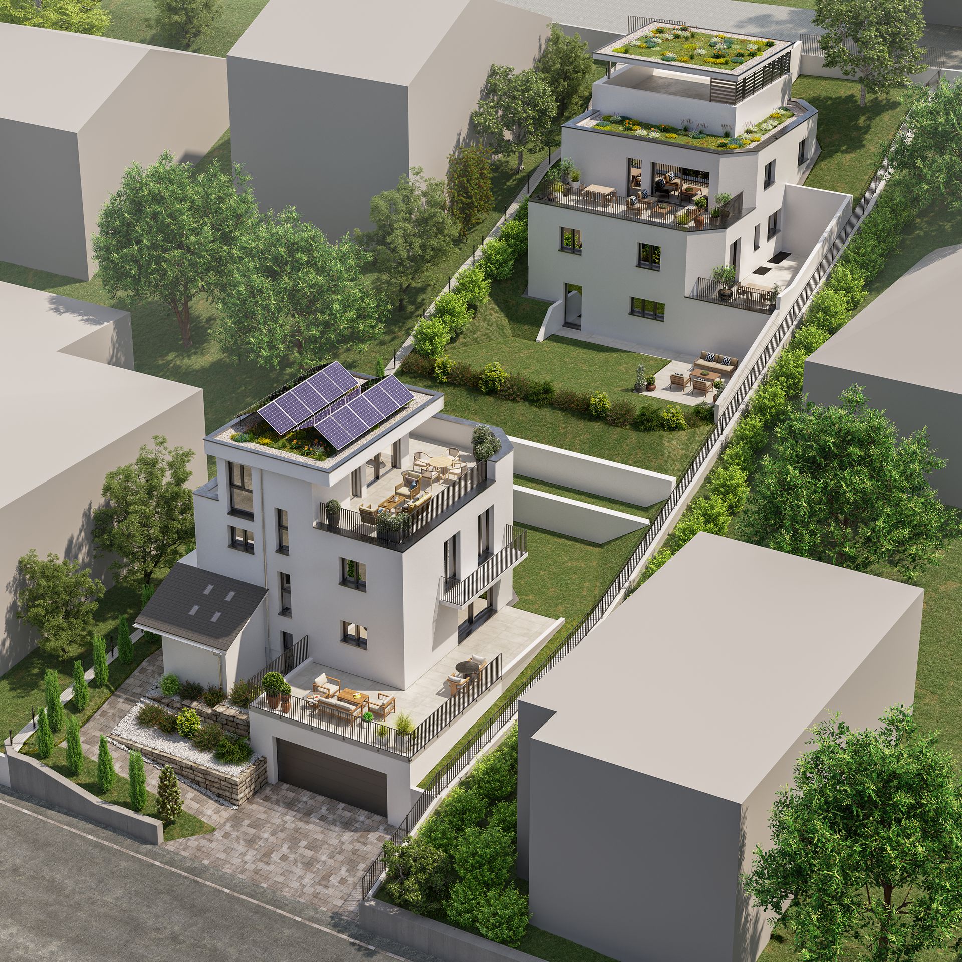 Aussenvisualisierung von zwei mehrstöckigen Einfamilienhäuser mit Terrassen