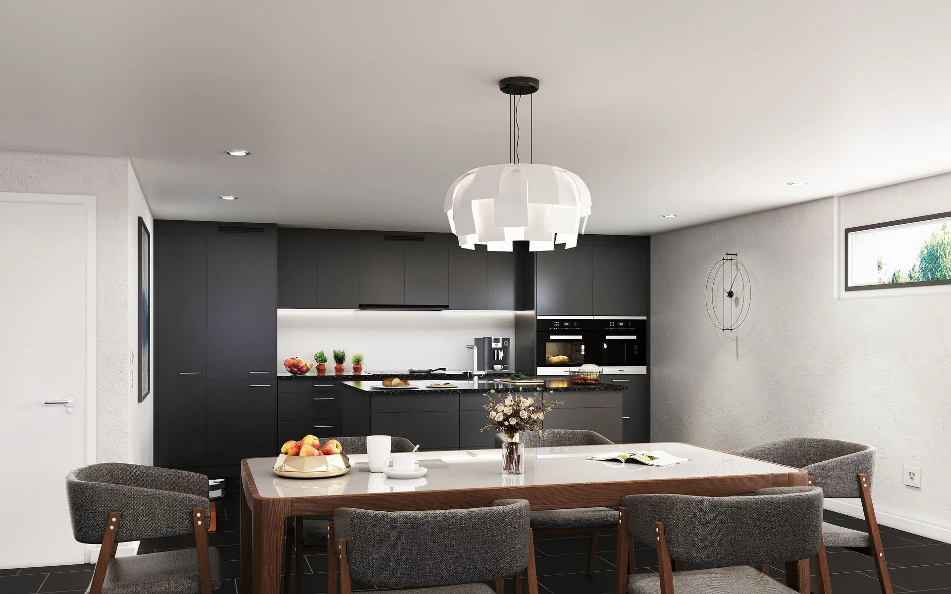 Küche und Essbereich mit Virtual Staging in modernem, dunklem Stil