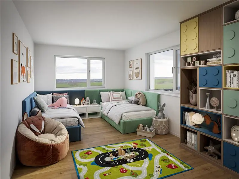 Innenvisualisierung Kinderzimmer mit zwei Betten, buntem Regal und Teppich