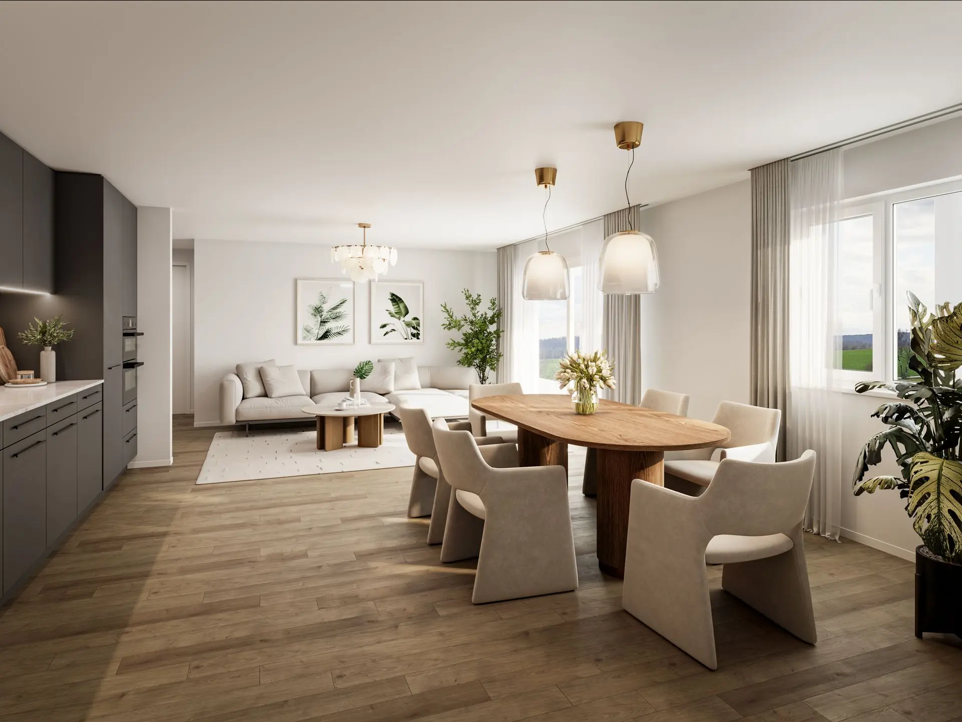 3D Visualisierung Wohn- und Essbereich mit grossem Esstisch und Designleuchten