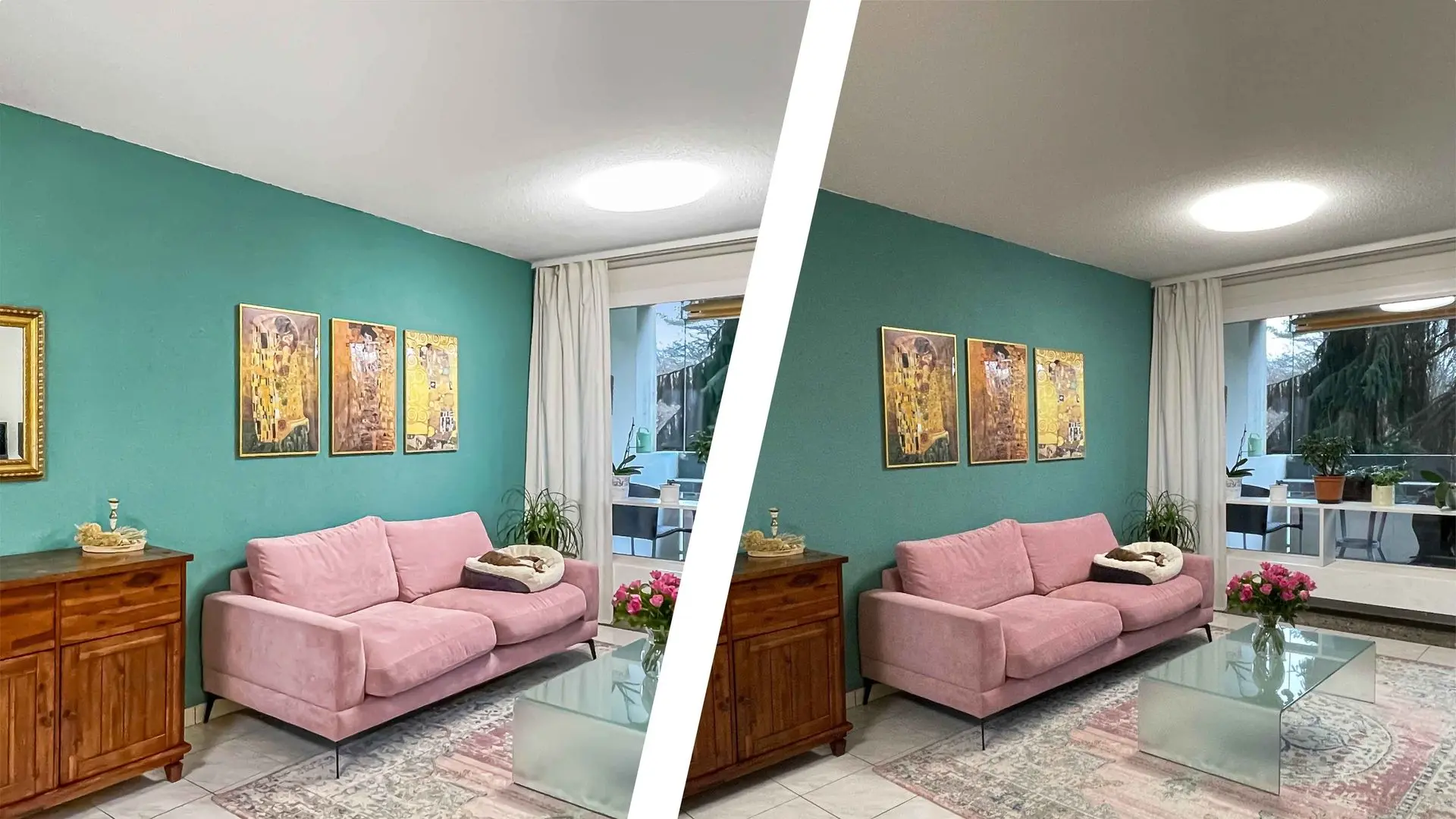 Optimierte Darstellung eines Wohnzimmers mit rosa Sofa, grüner Wand und Kunstbildern für hochwertige Visualisierungen