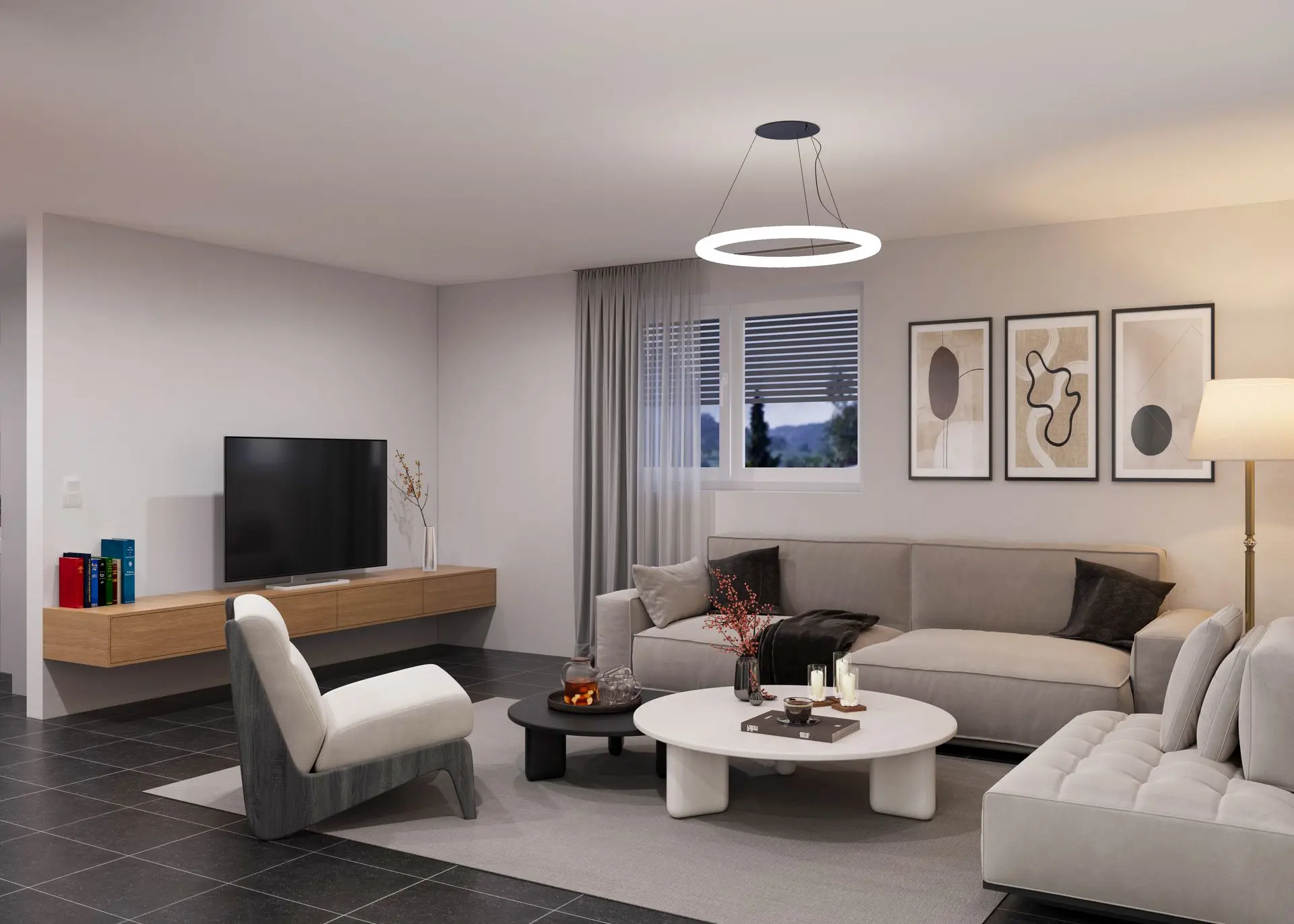 Innenvisualisierung eines Wohnzimmers mit Sofa, TV-Möbel und schlichter, moderner Raumgestaltung